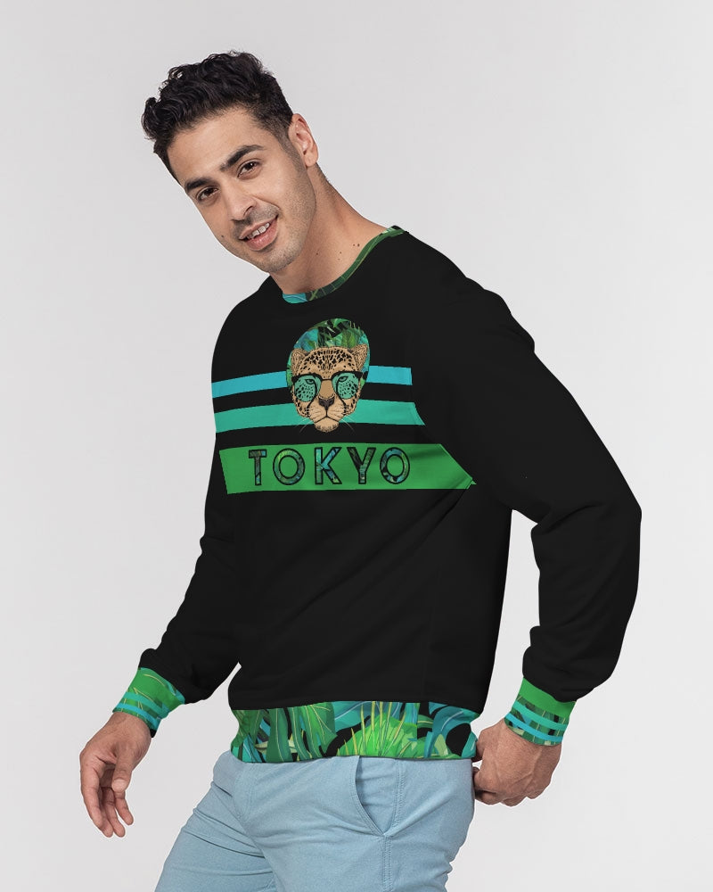 2882Sport™ Men's Tokyo Stripped French Terry Crewneck Pullover in vibrant greens and blues, showcasing modern graphics and a classic crewneck design.