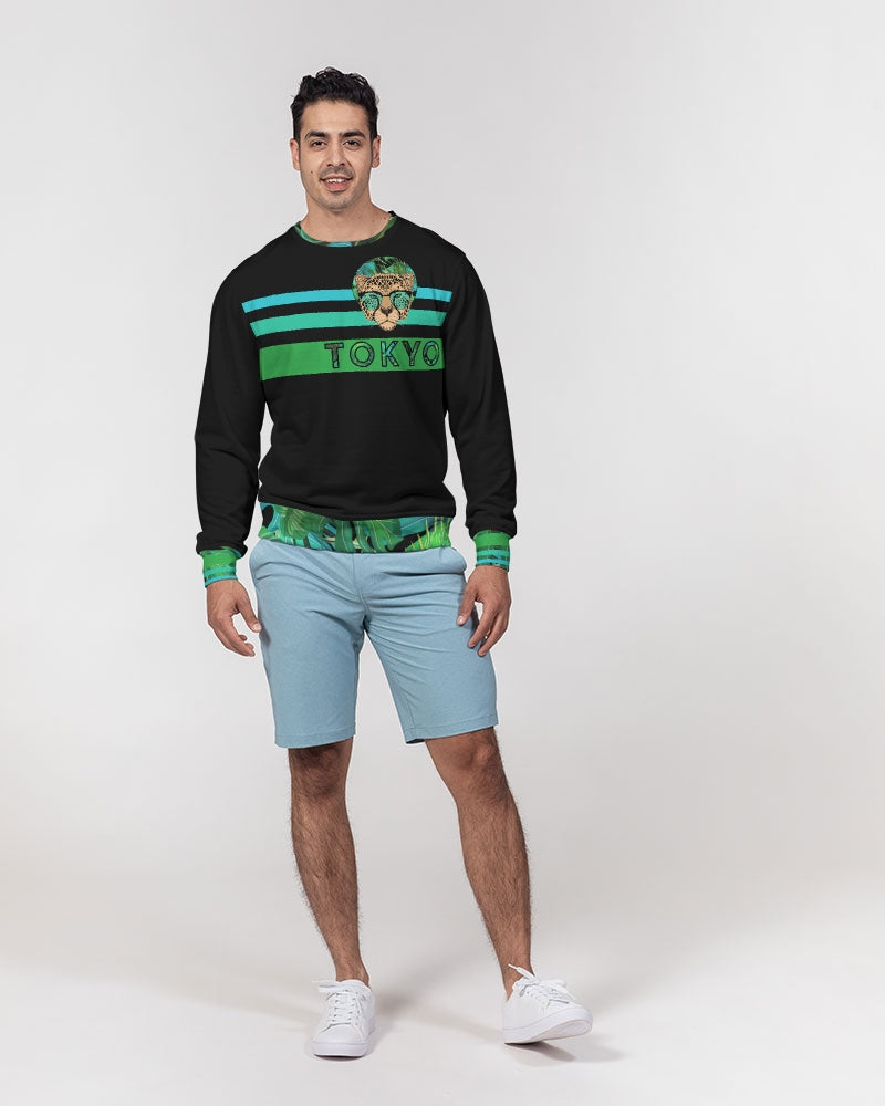 2882Sport™ Men's Tokyo Stripped French Terry Crewneck Pullover in vibrant greens and blues, showcasing modern graphics and a classic crewneck design.