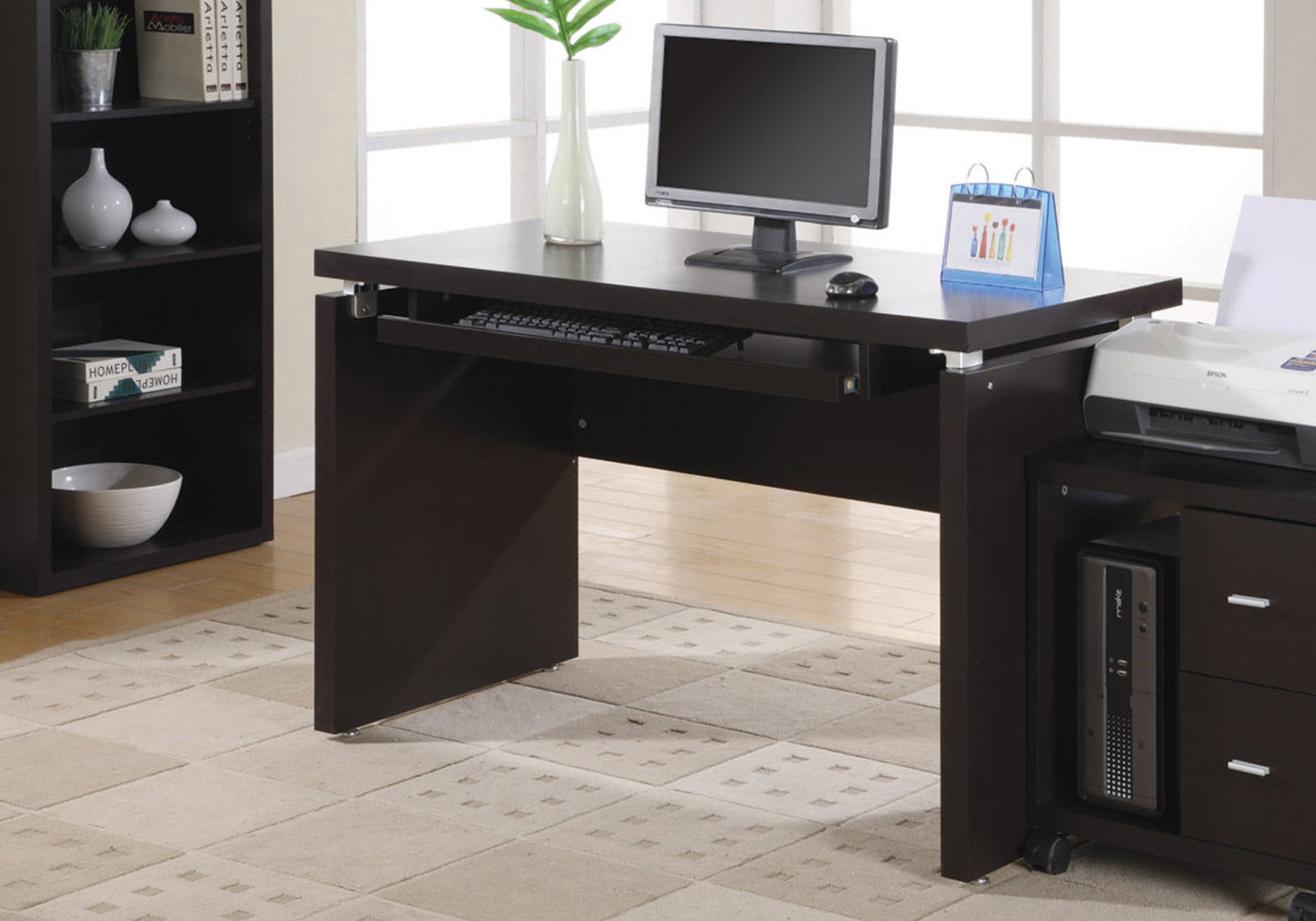 A stylish 30.75 inches particle board computer desk in cappuccino finish, featuring a spacious top and a storage drawer.