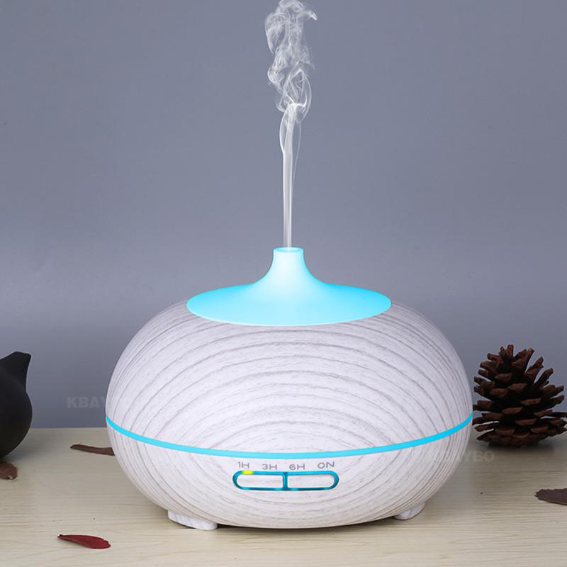 300ml Essential Oil Diffuser in white wood finish with LED lights, designed for ultrasonic mist and air humidification.