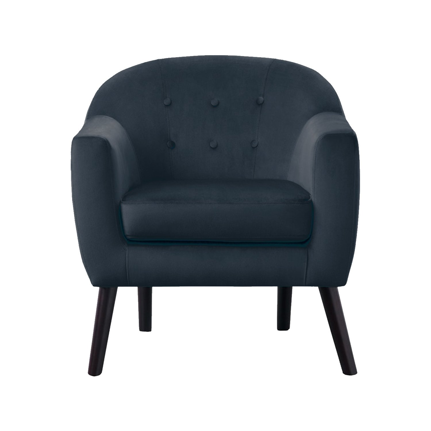 A stylish blue foam accent chair with solid wood finish, showcasing elegant design and comfortable seating.