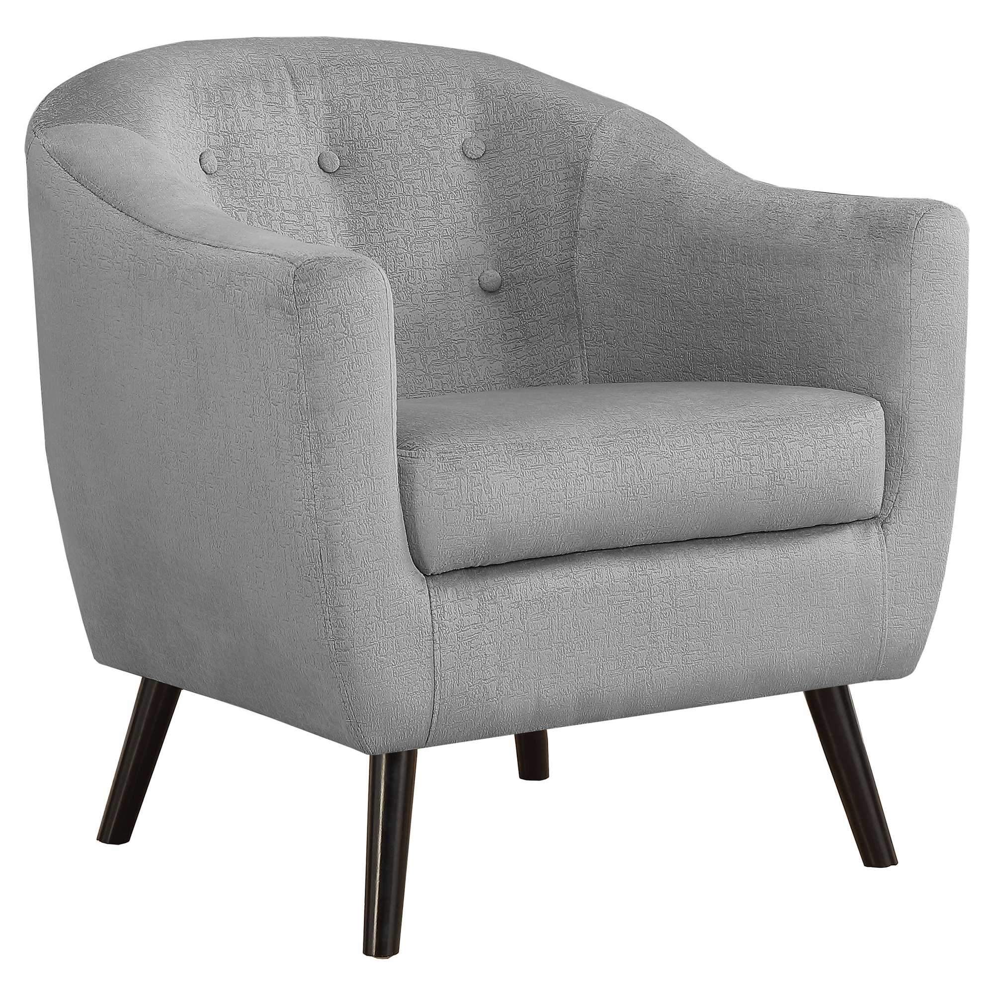 A stylish blue foam accent chair with solid wood finish, showcasing elegant design and comfortable seating.