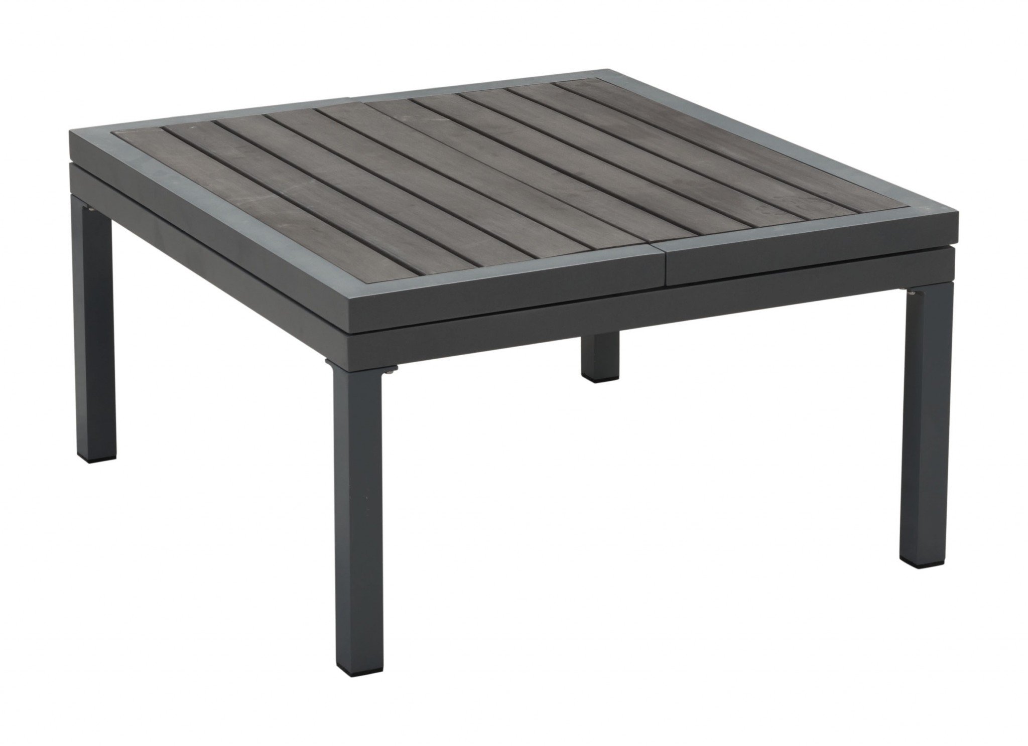 Dark gray lift-top coffee table made of polyresin and aluminum, showcasing its modern design and functional features.