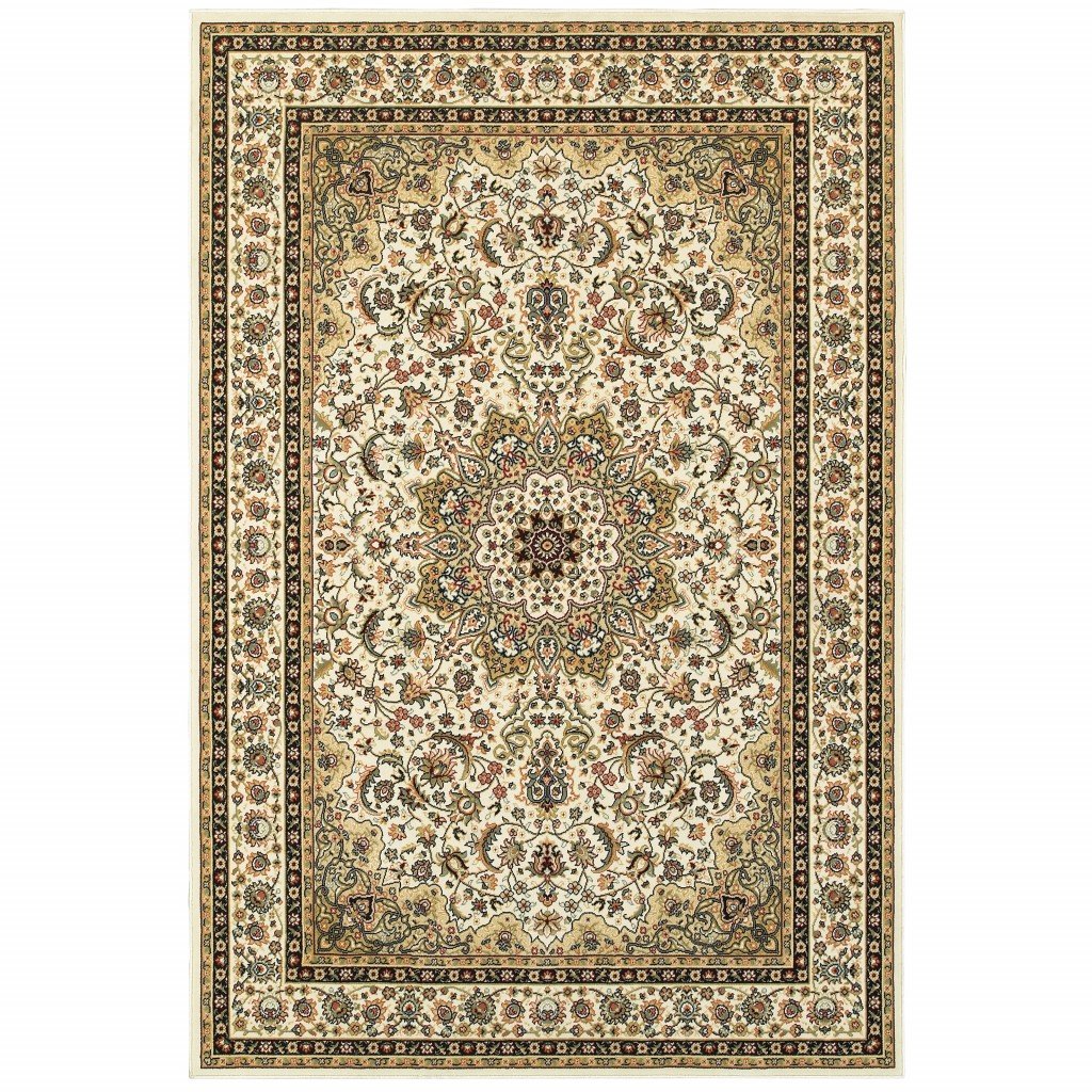 3 inches x 6 inches ivory beige machine woven oriental indoor area rug with intricate Persian-inspired patterns and floral medallion design.