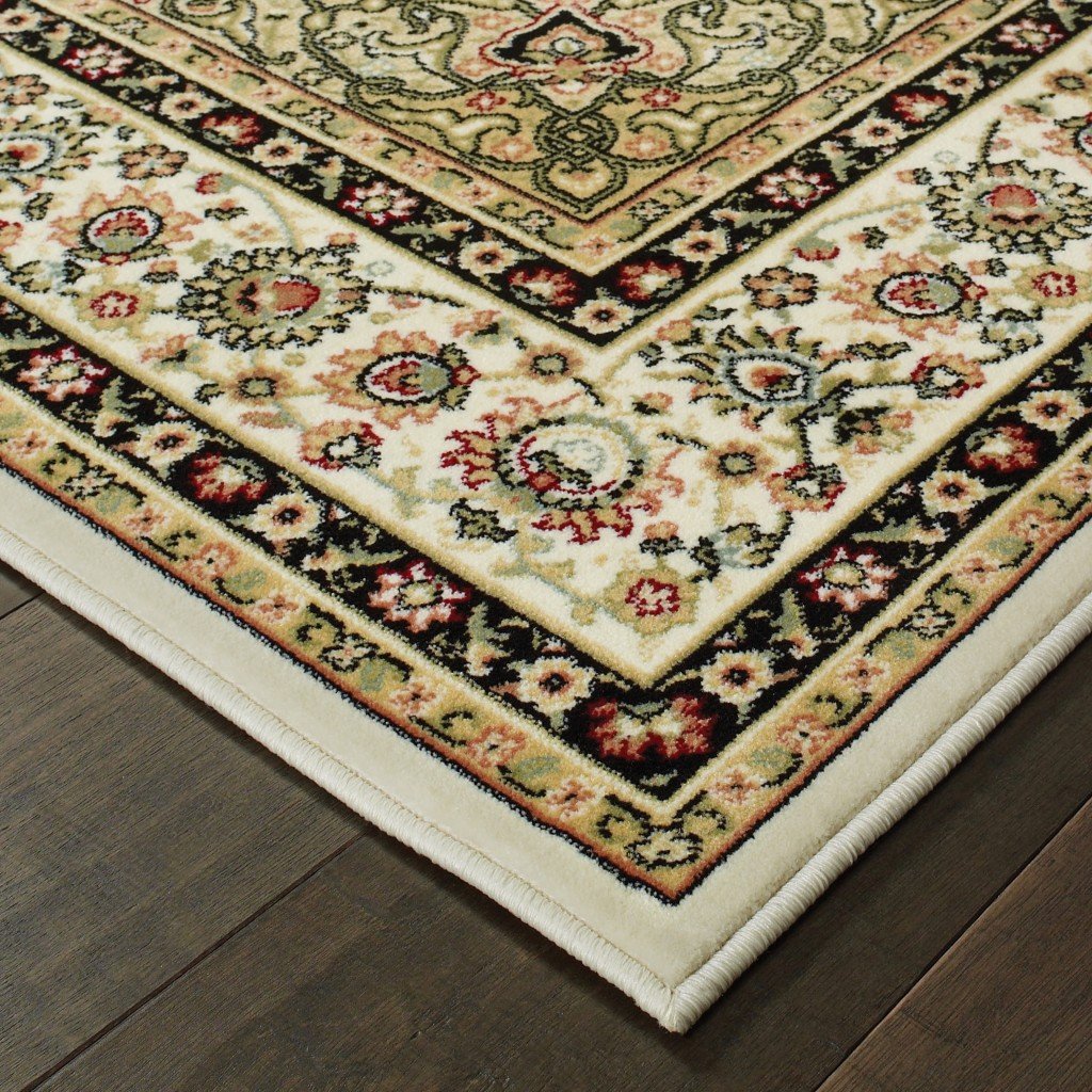 3 inches x 6 inches ivory beige machine woven oriental indoor area rug with intricate Persian-inspired patterns and floral medallion design.