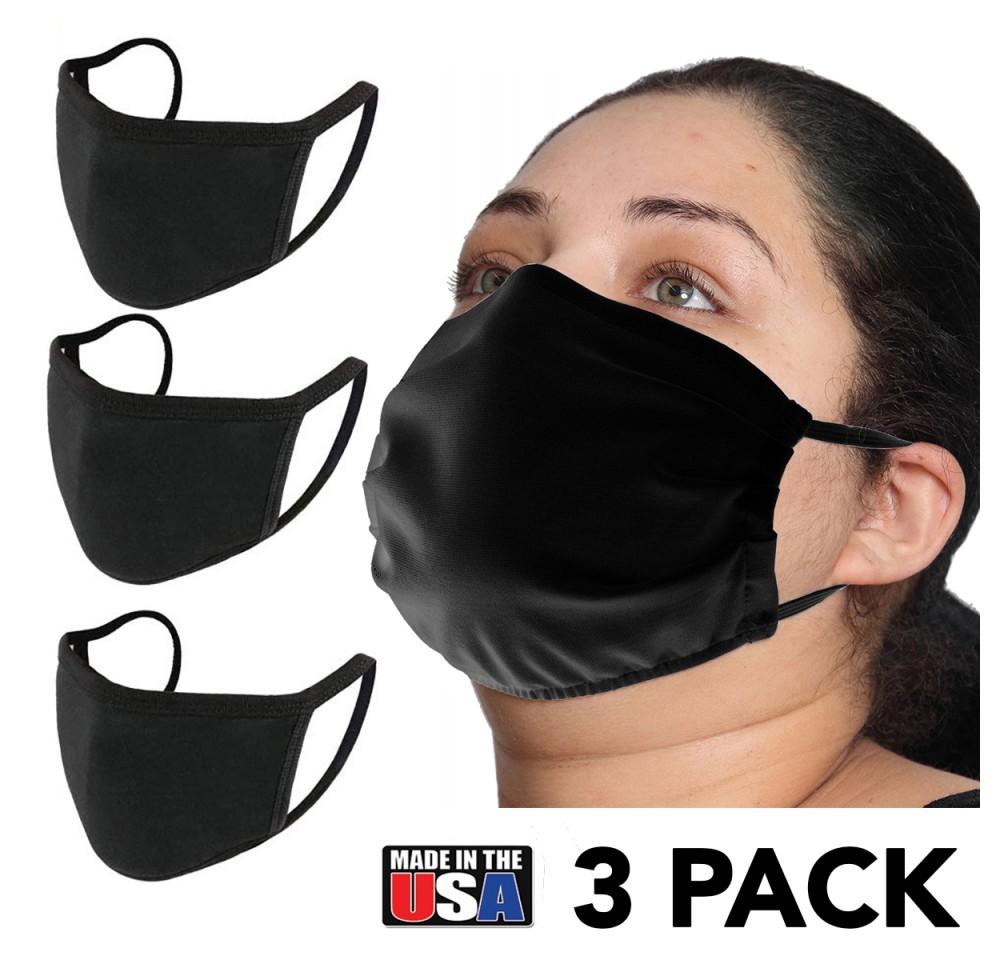 Three black reusable cotton face masks, fully lined, designed for unisex adults, showcasing comfort and style.