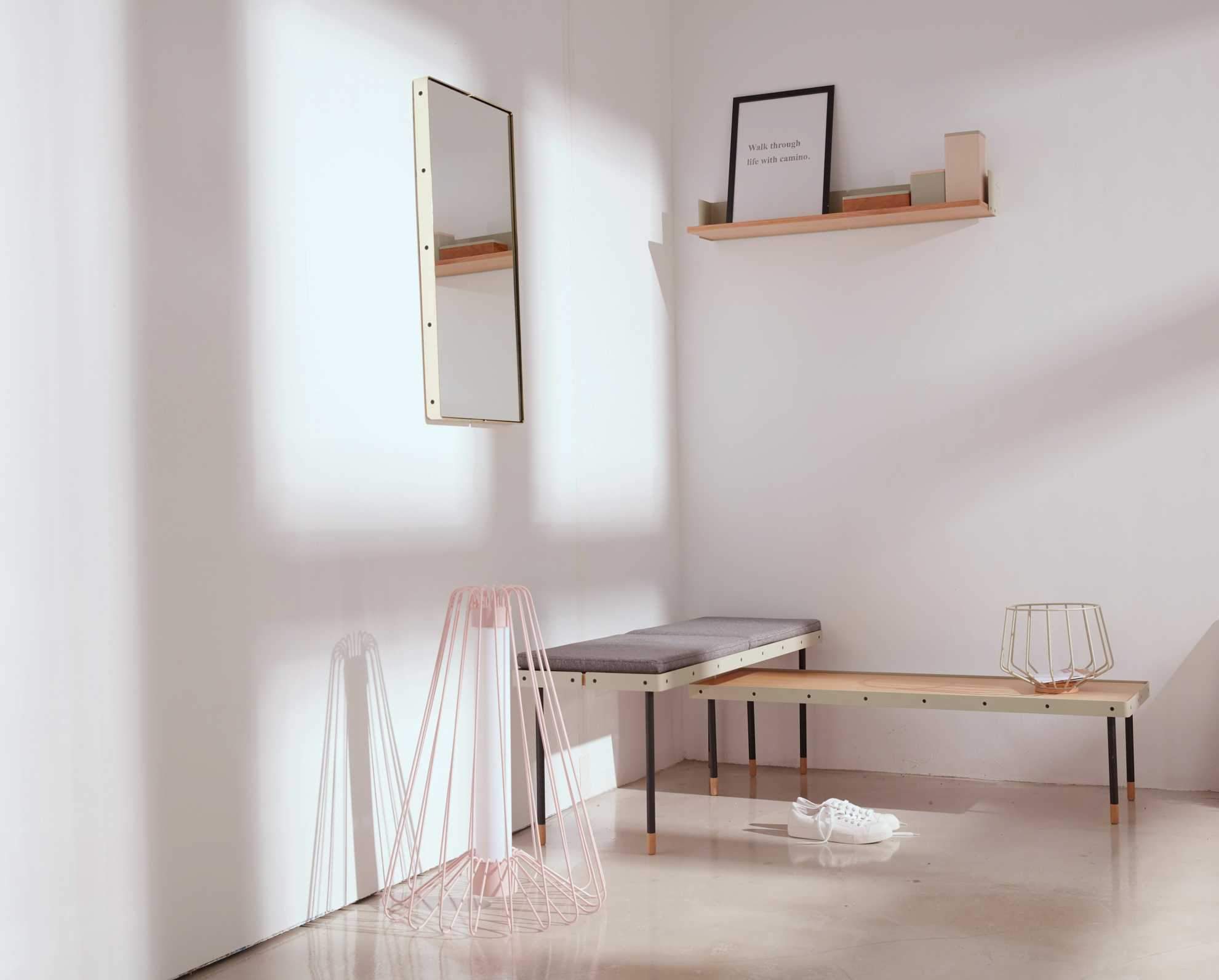 A stylish 43.3" x 43.3" x 40" beige veneer bench showcasing a scandi design, perfect for home decor.