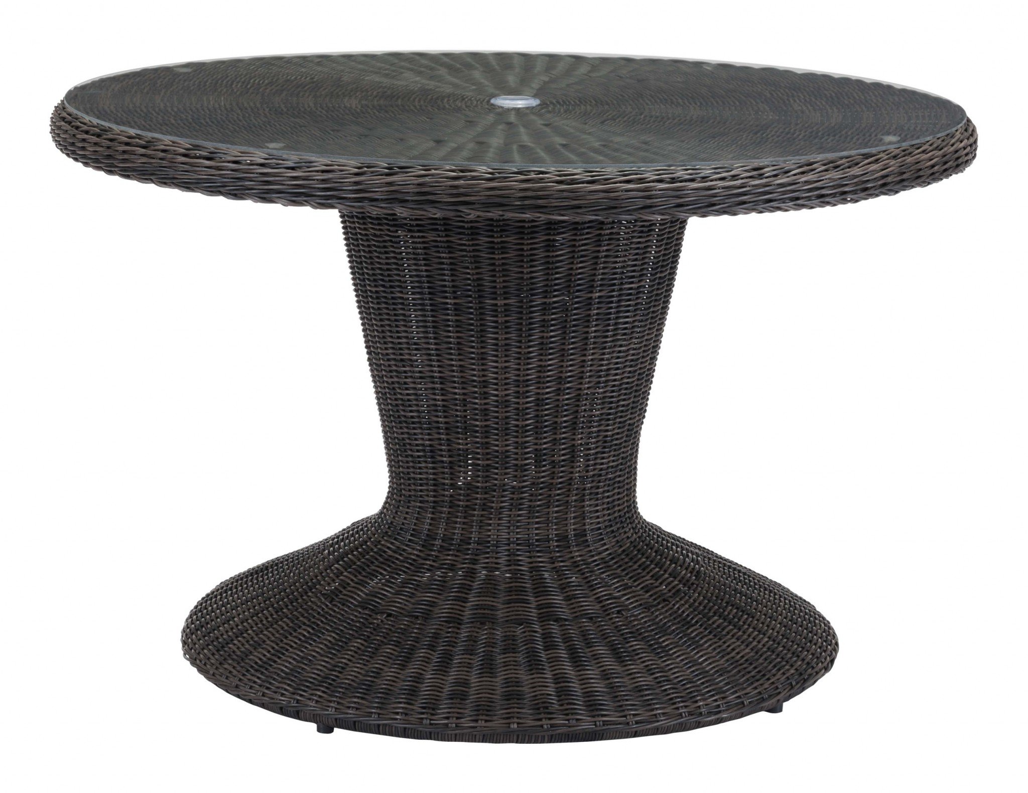 A stylish 48" round dining table featuring a tempered glass top and a brown synthetic weave base, perfect for outdoor settings.