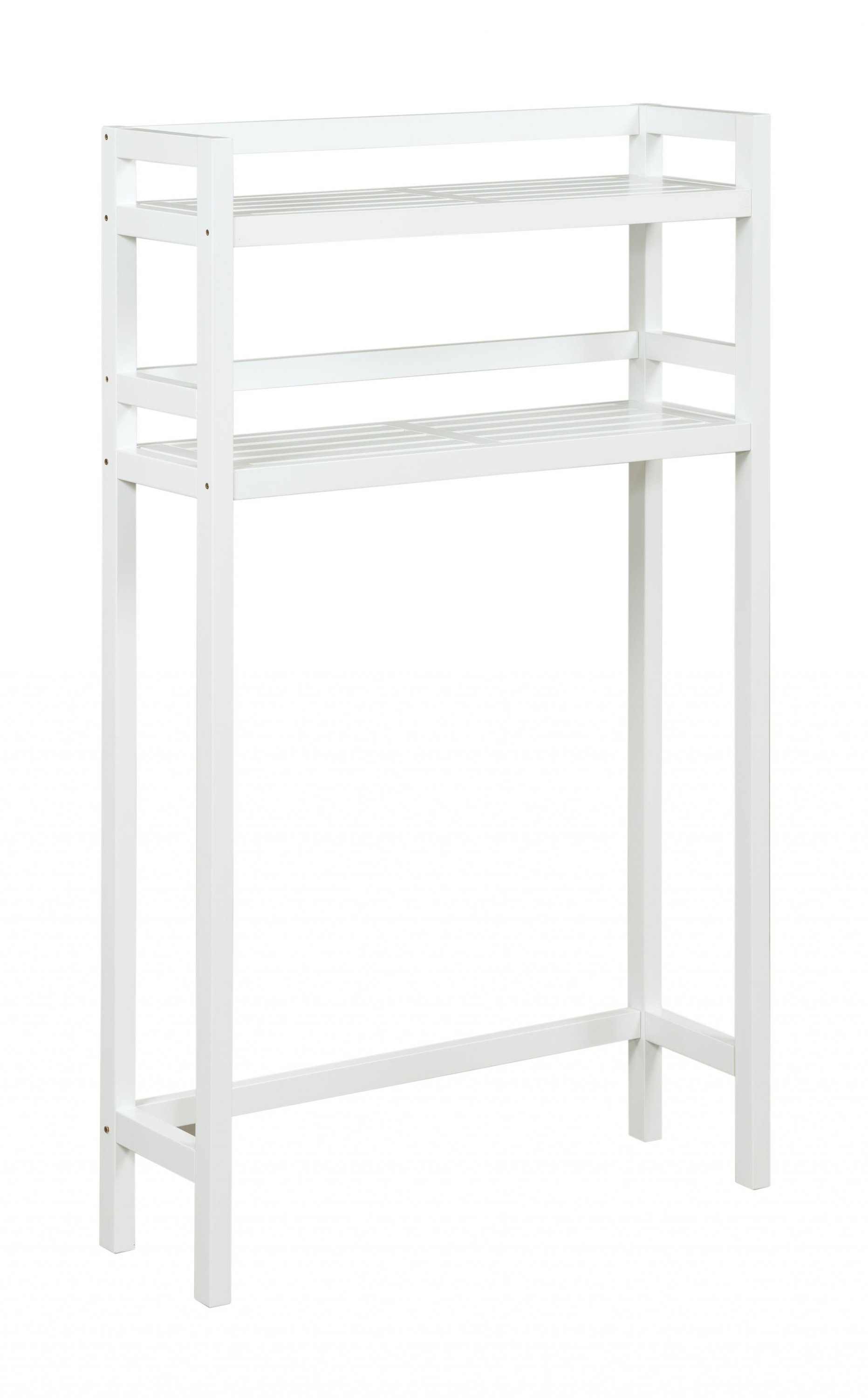 48-inch White Finish 2 Tier Solid Wood Over Toilet Organizer showcasing its modern design and sturdy construction.