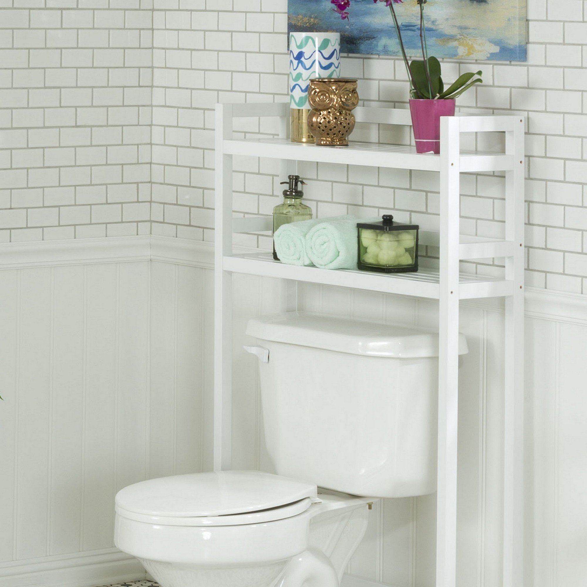 48-inch White Finish 2 Tier Solid Wood Over Toilet Organizer showcasing its modern design and sturdy construction.