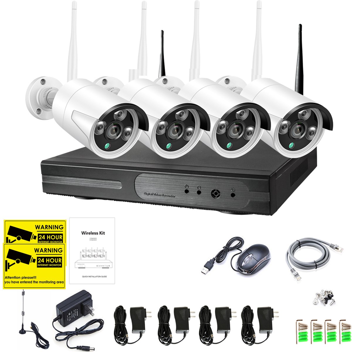 4CH CCTV System Wireless Audio 1080P NVR with four 2.0MP IR outdoor cameras, showcasing the complete security setup.