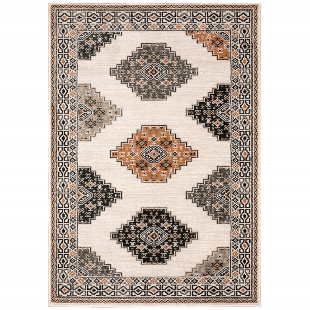 Abstract Ivory and Gray Geometric Indoor Area Rug showcasing a modern design with geometric patterns and a distressed border.
