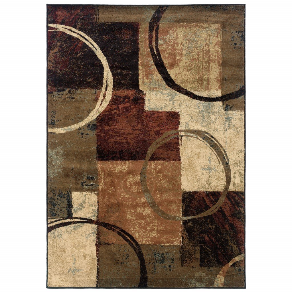 A stylish 4x6 brown and black abstract geometric area rug featuring warm shades and circular accents, perfect for enhancing any living space.