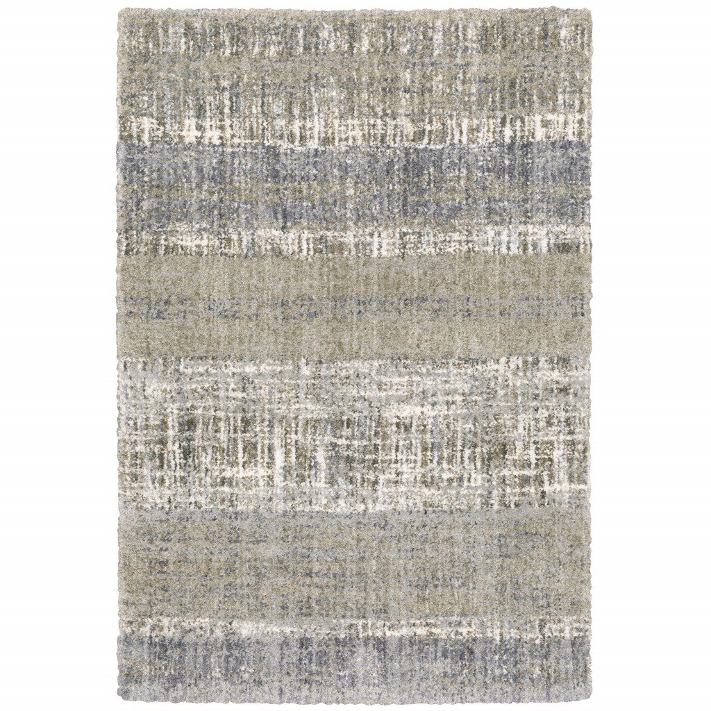 A stylish Grey and Ivory Abstract Lines Area Rug featuring a distressed grid pattern and thick horizontal stripes, perfect for modern living spaces.