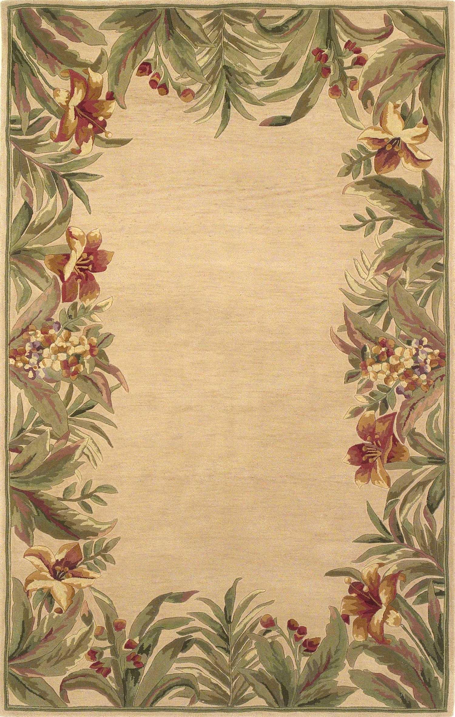 Ivory hand-tufted bordered tropical plant indoor area rug, showcasing floral patterns and a modern design.