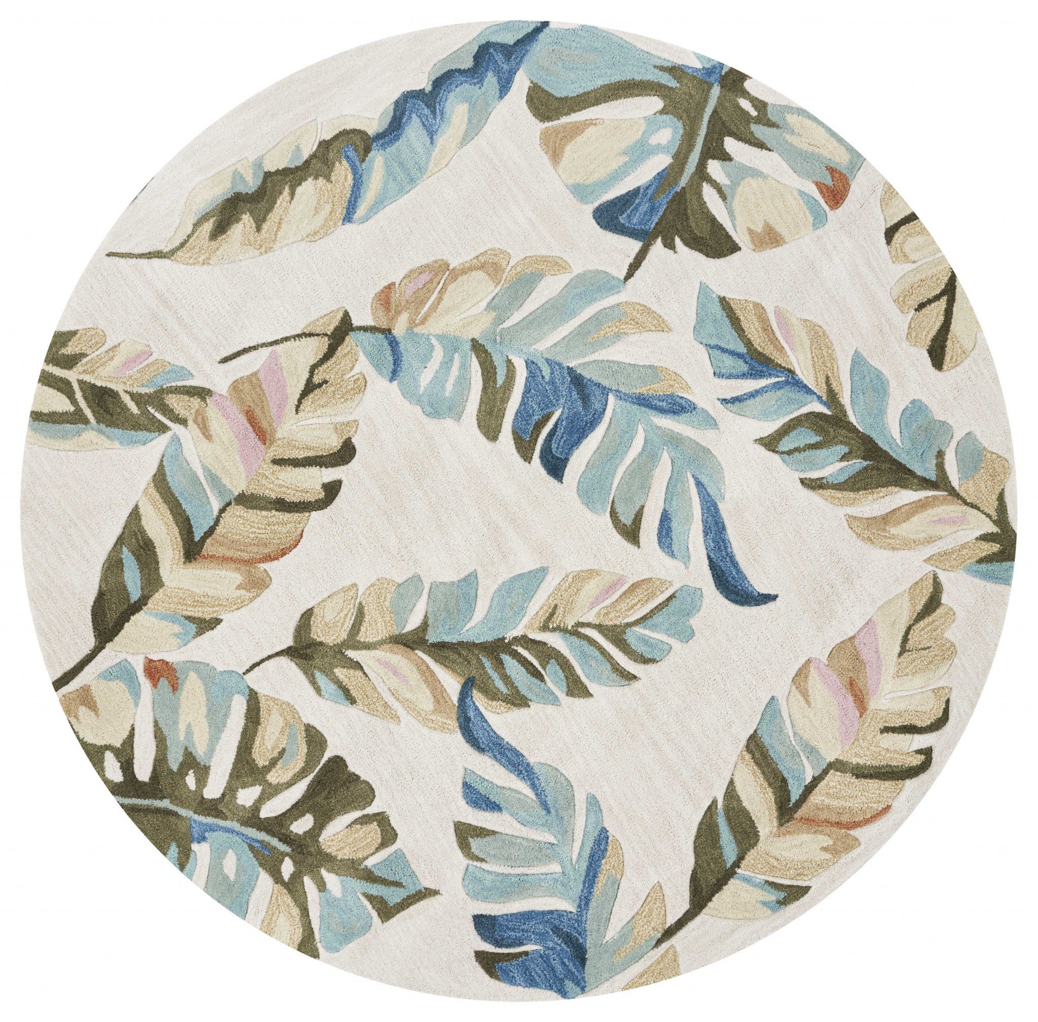 5' round ivory area rug with a soft texture, hand-tufted from 100% polyester, featuring a stylish abrash effect.