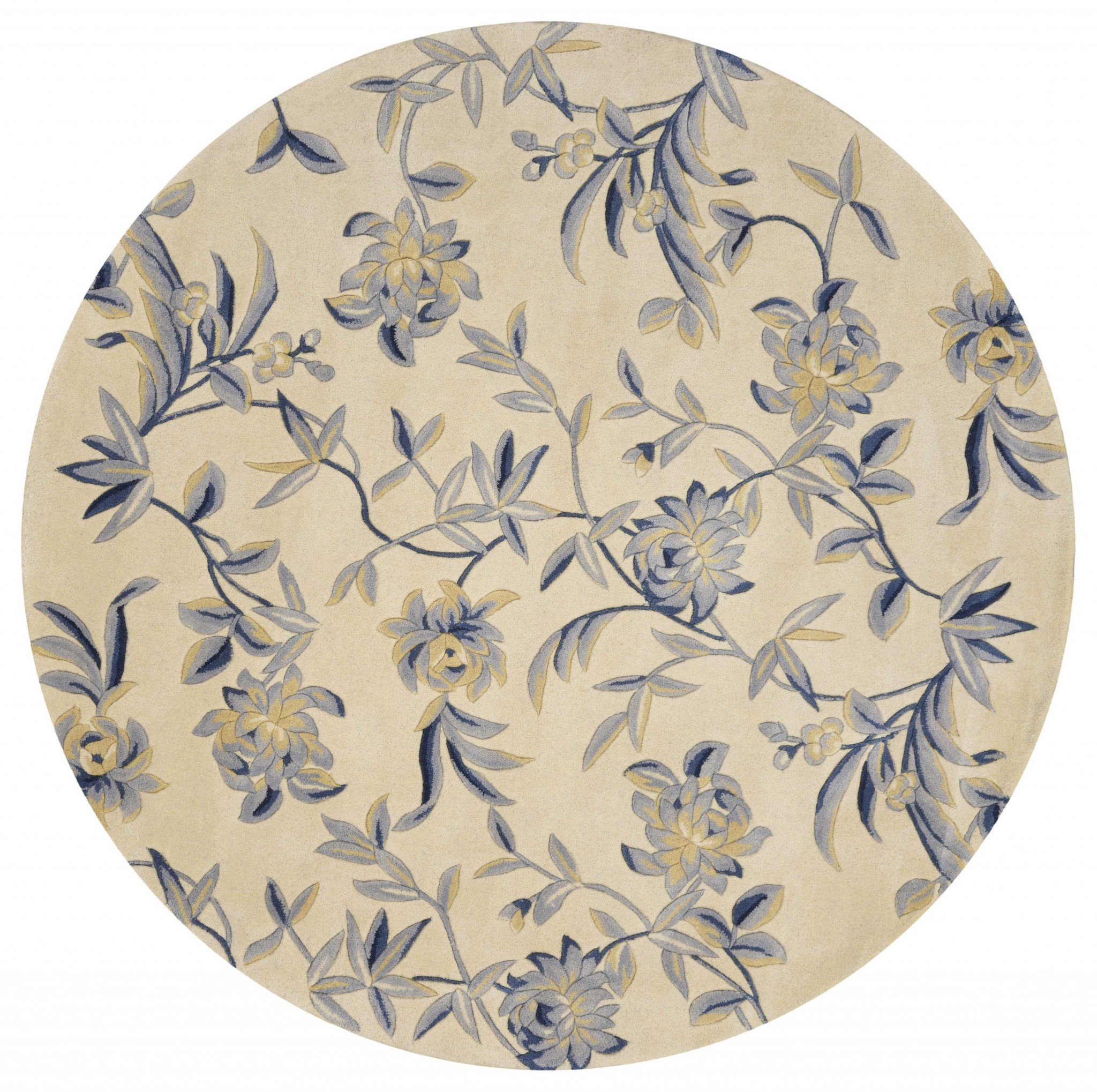 5' round wool area rug in ivory and blue with large floral designs, perfect for modern home decor.