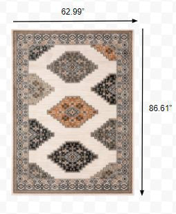 5x7 Abstract Ivory and Gray Geometric Indoor Area Rug featuring a distressed border and geometric patterns, perfect for Scandinavian farmhouse decor.