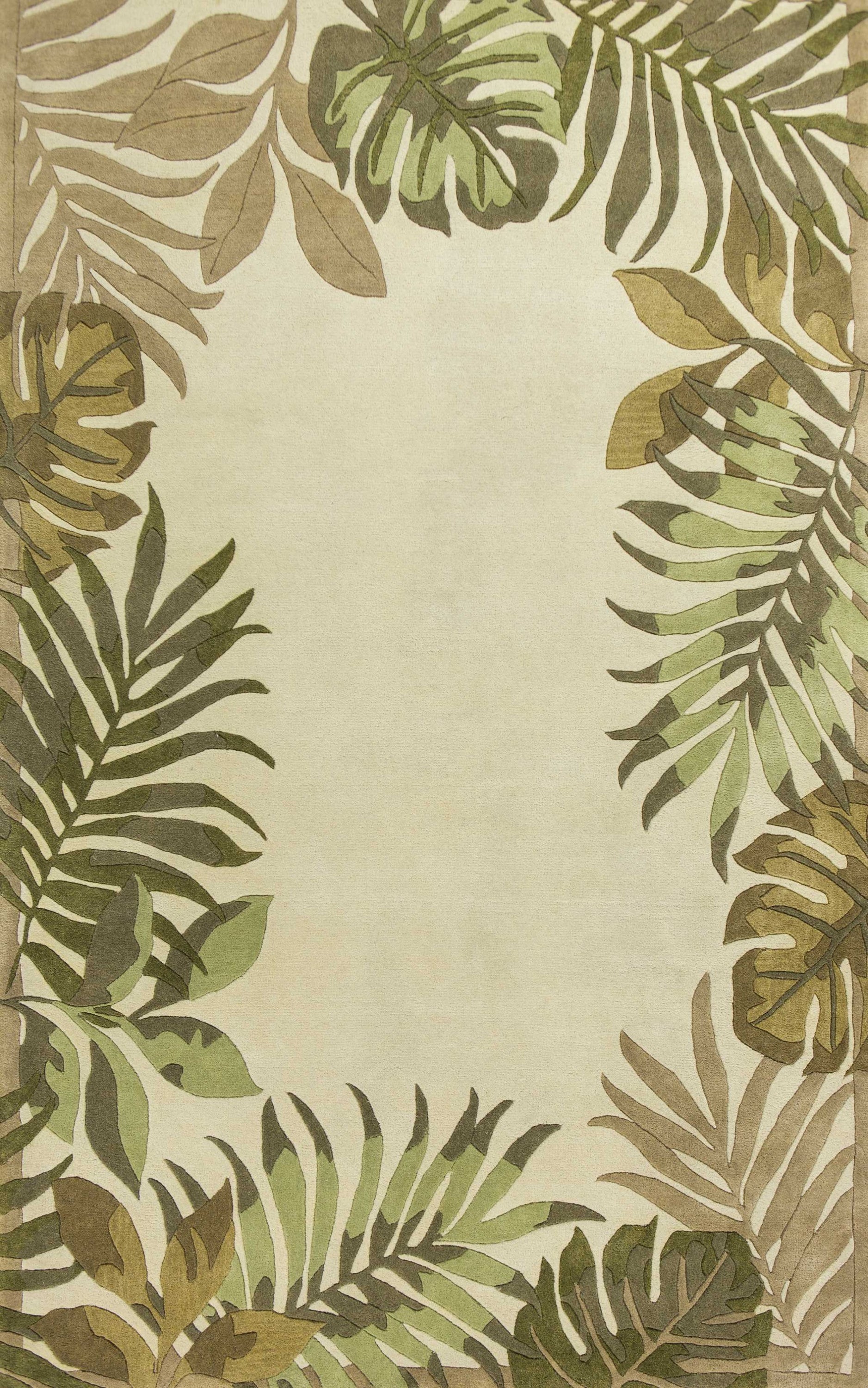 Ivory hand-tufted area rug featuring bordered tropical leaves design, perfect for indoor use.