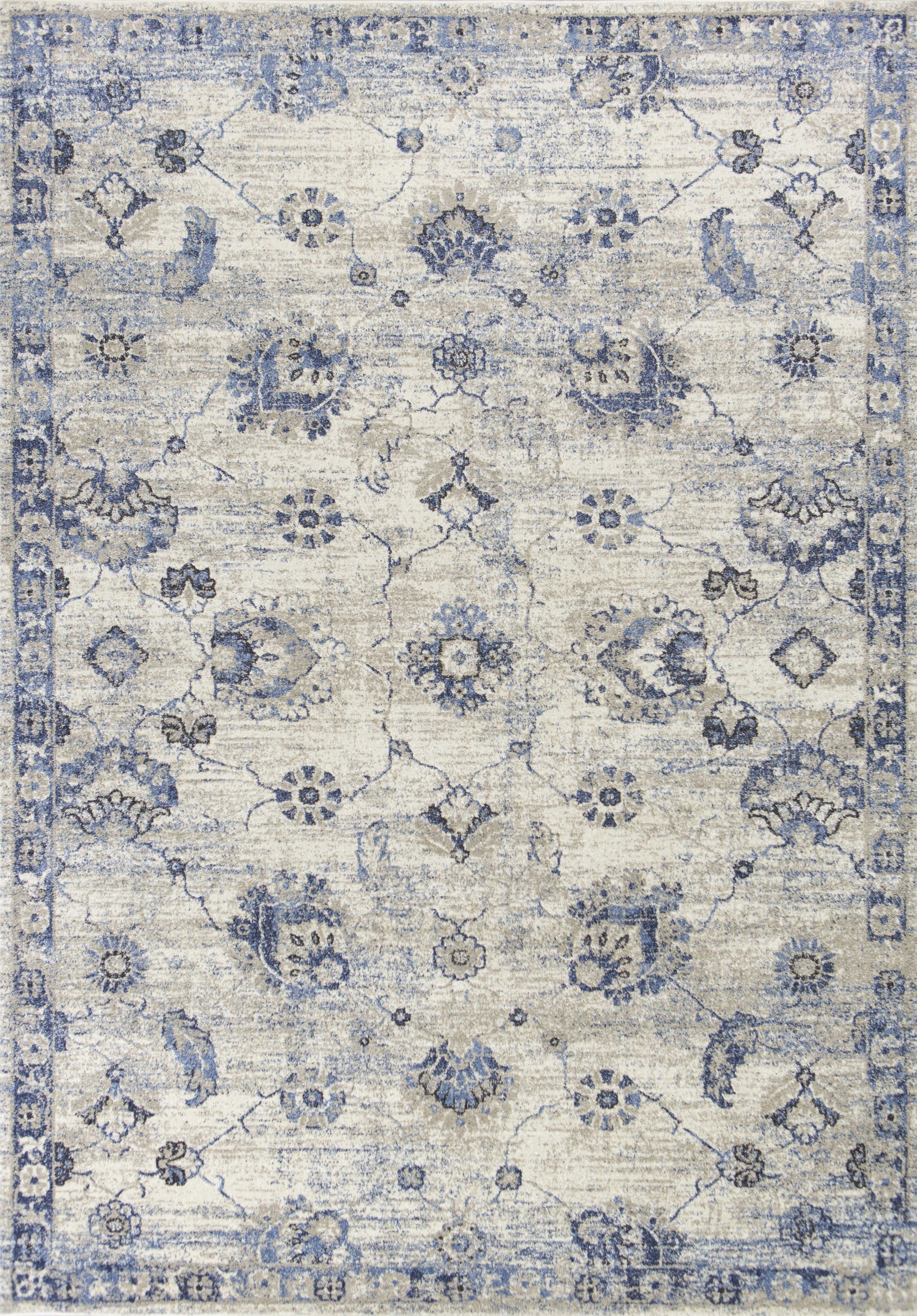 5'x8' grey blue floral area rug with bordered vines, showcasing intricate patterns and soft texture, perfect for indoor decor.