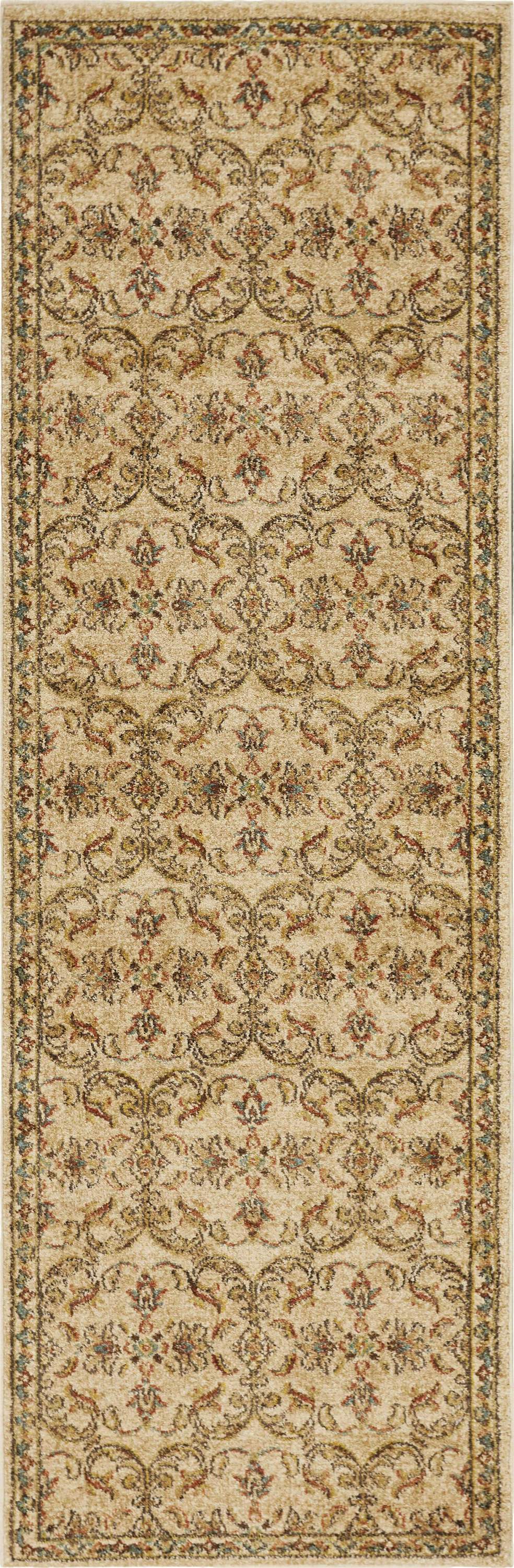 A vintage-inspired 63" x 91" Sand Polypropylene Rug featuring distressed touches and soft frisee yarn, perfect for home decor.