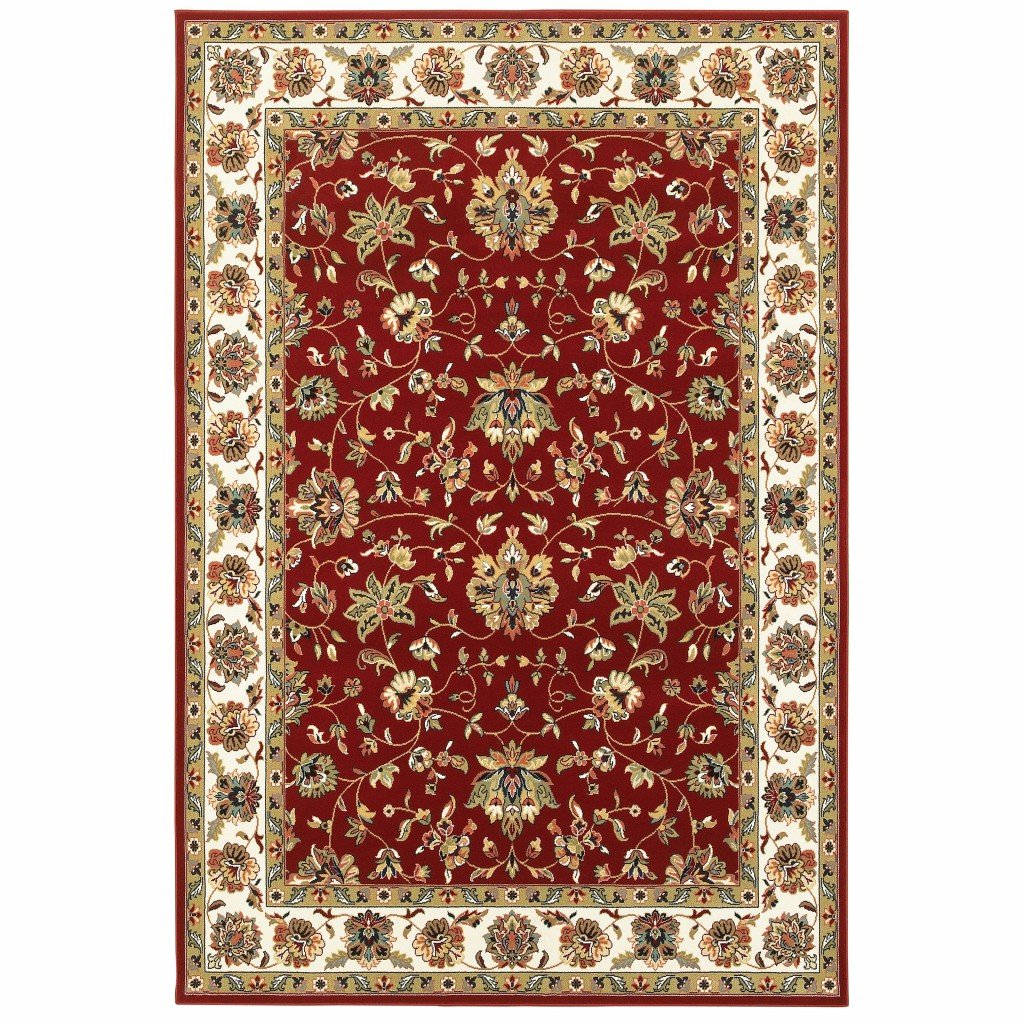 A luxurious 6x9 inches red and ivory floral oriental area rug with intricate patterns, perfect for indoor use.