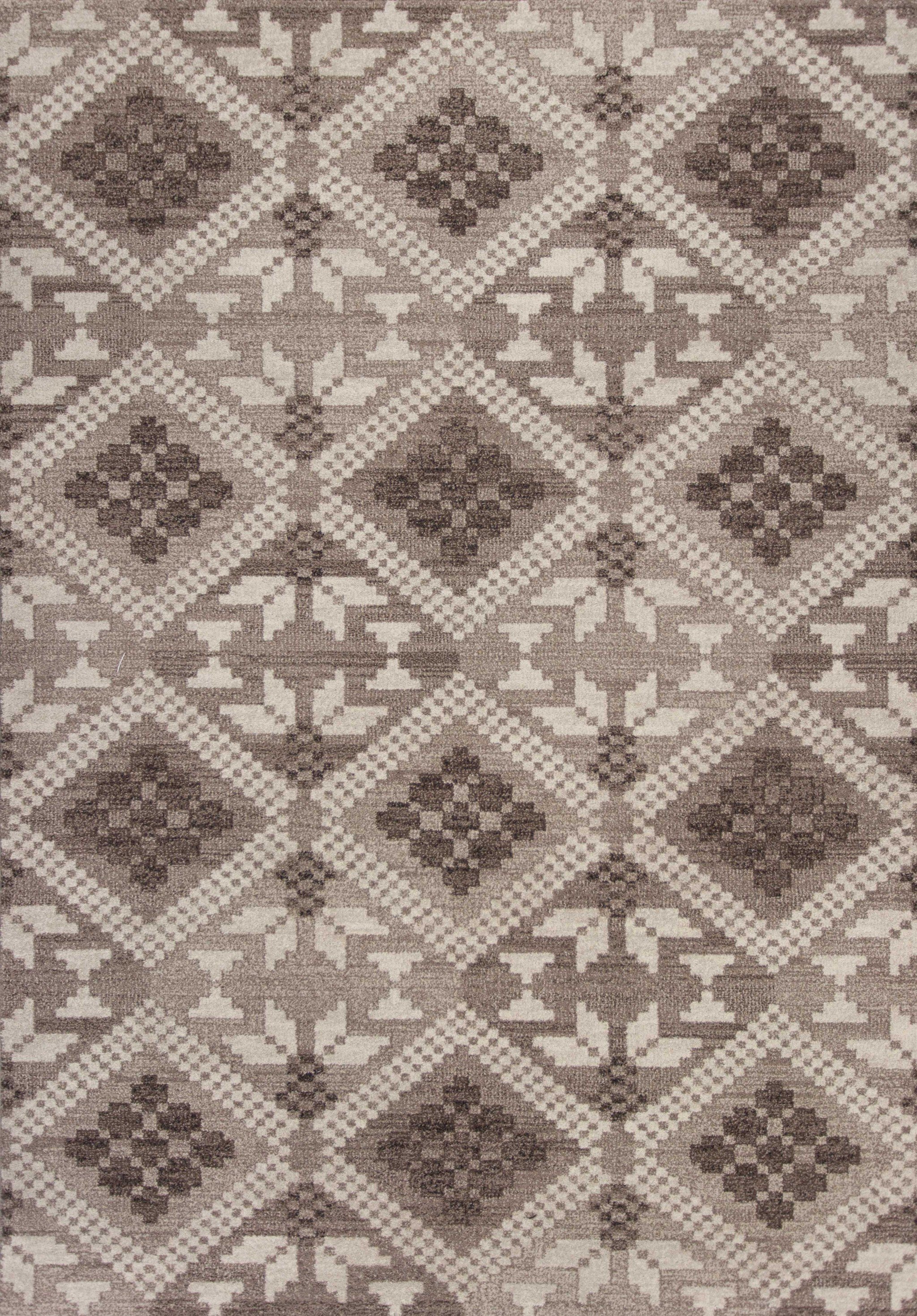 7' x 11' taupe polypropylene area rug with bohemian design, showcasing its soft texture and elegant color.