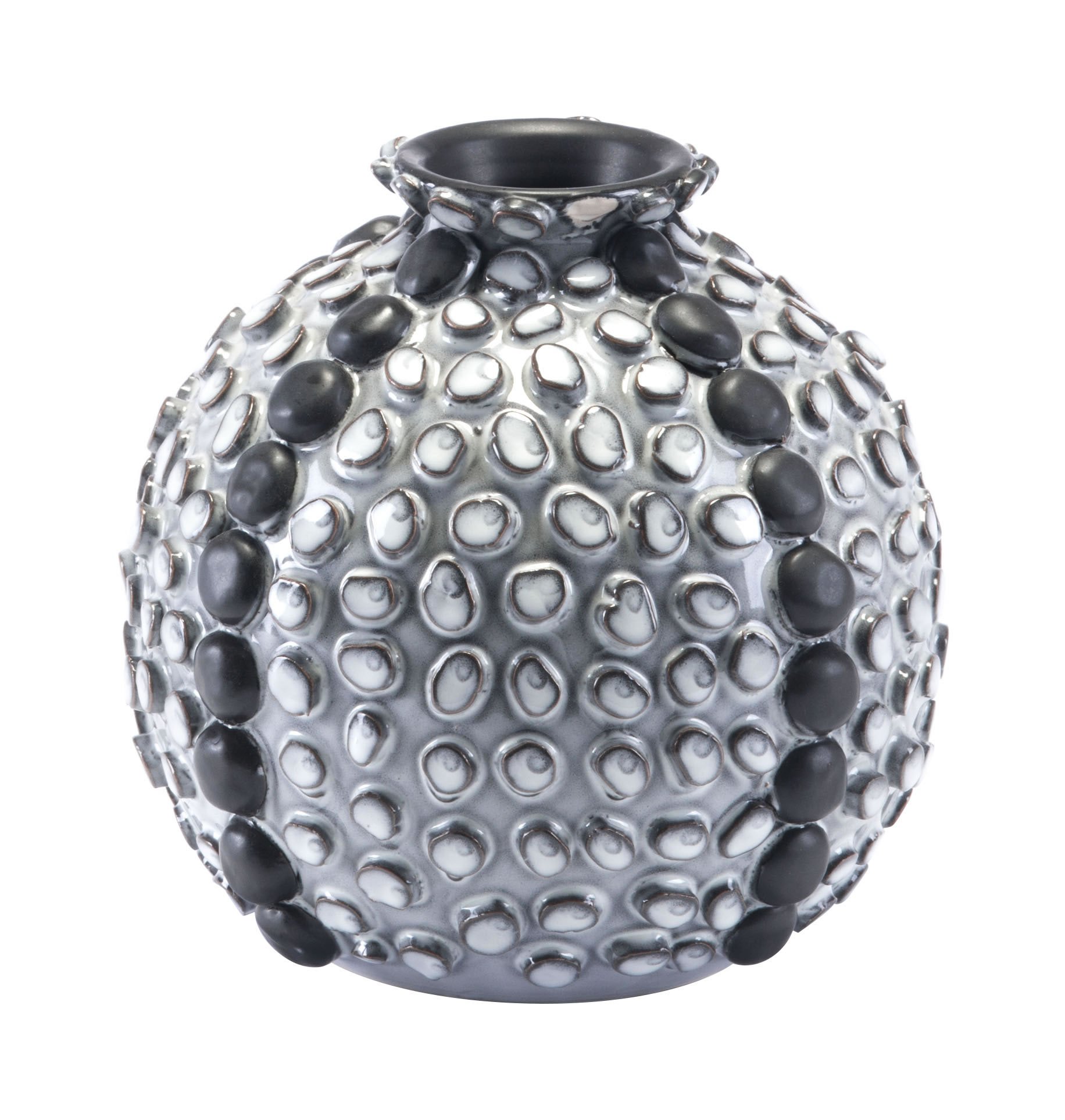 A stylish gray ceramic small bottle with organically shaped discs and black vertical stripes, perfect for floral arrangements.