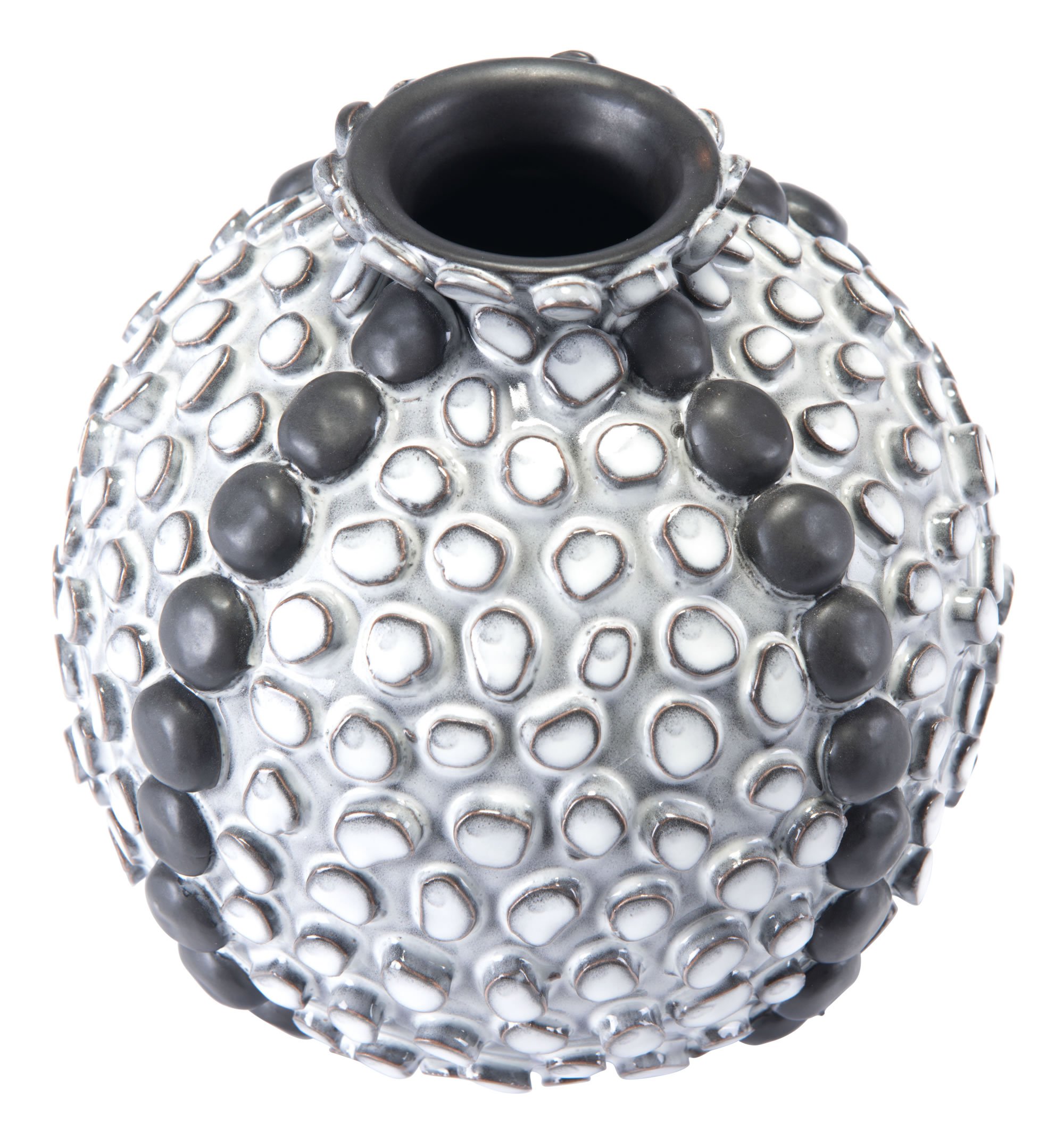 A stylish gray ceramic small bottle with organically shaped discs and black vertical stripes, perfect for floral arrangements.