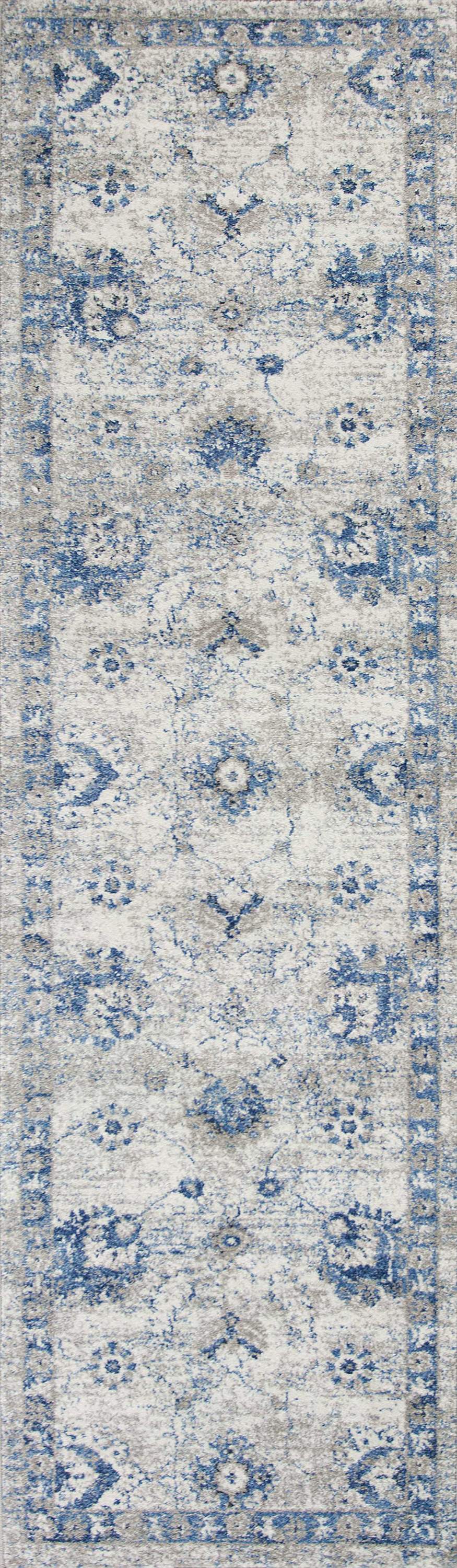 8' grey blue machine woven bordered floral indoor runner rug showcasing intricate floral patterns and soft texture.