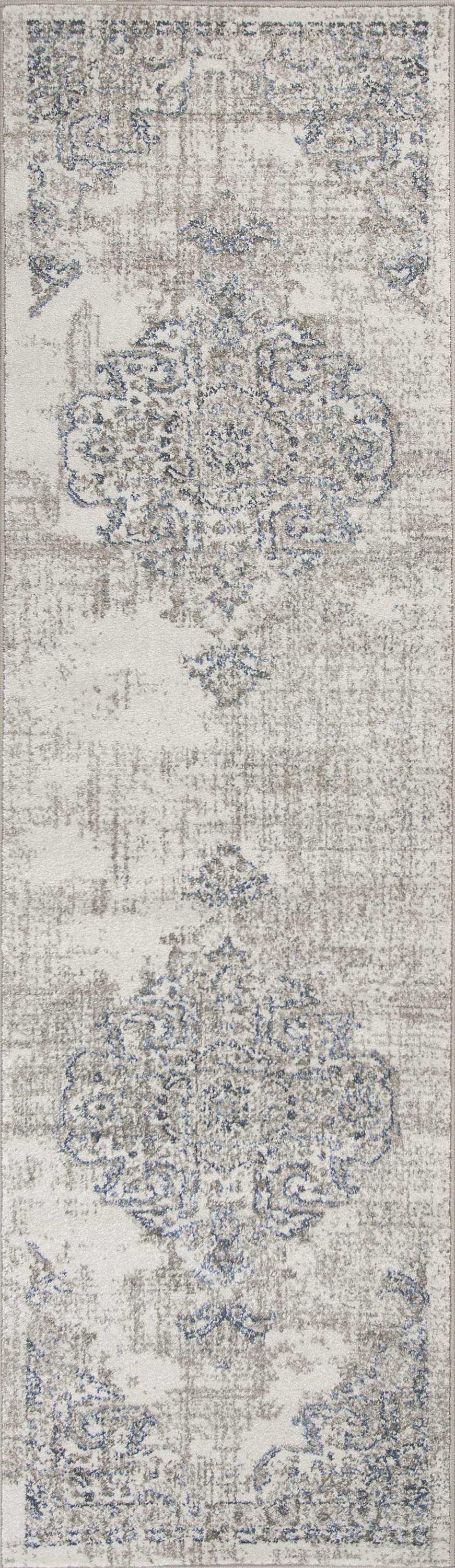 8' Ivory Grey Machine Woven Floral Medallion Indoor Runner Rug featuring a vintage floral design in elegant ivory and grey colors.