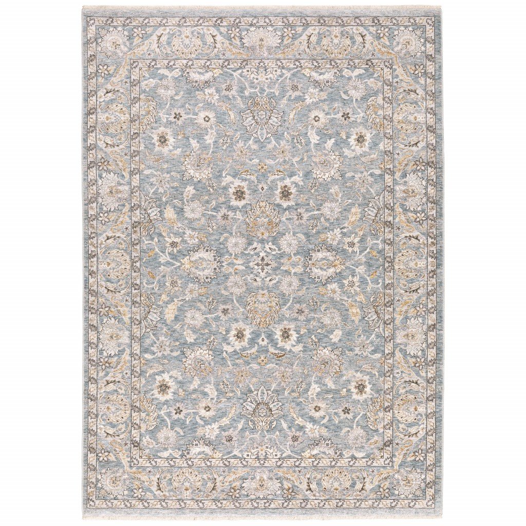 8-inch Blue Ivory Machine Woven Floral Oriental Indoor Runner with intricate floral patterns on a pastel blue background.