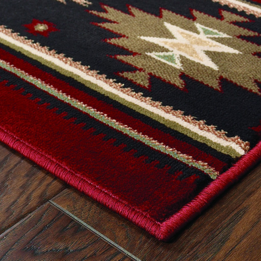 8-inch round area rug featuring a vibrant red base with a beige ikat diamond pattern and ornate borders, perfect for modern-boho decor.