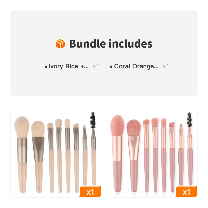 8-piece portable makeup brush set with soft nylon bristles, ideal for travel and makeup application.