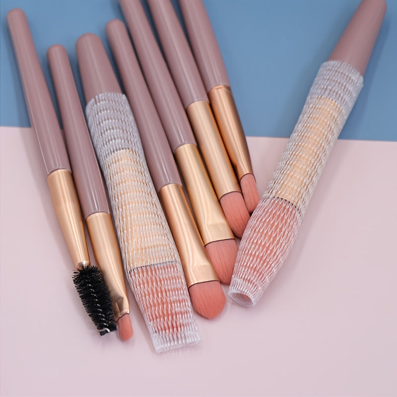 8-piece portable makeup brush set with soft nylon bristles, ideal for travel and makeup application.