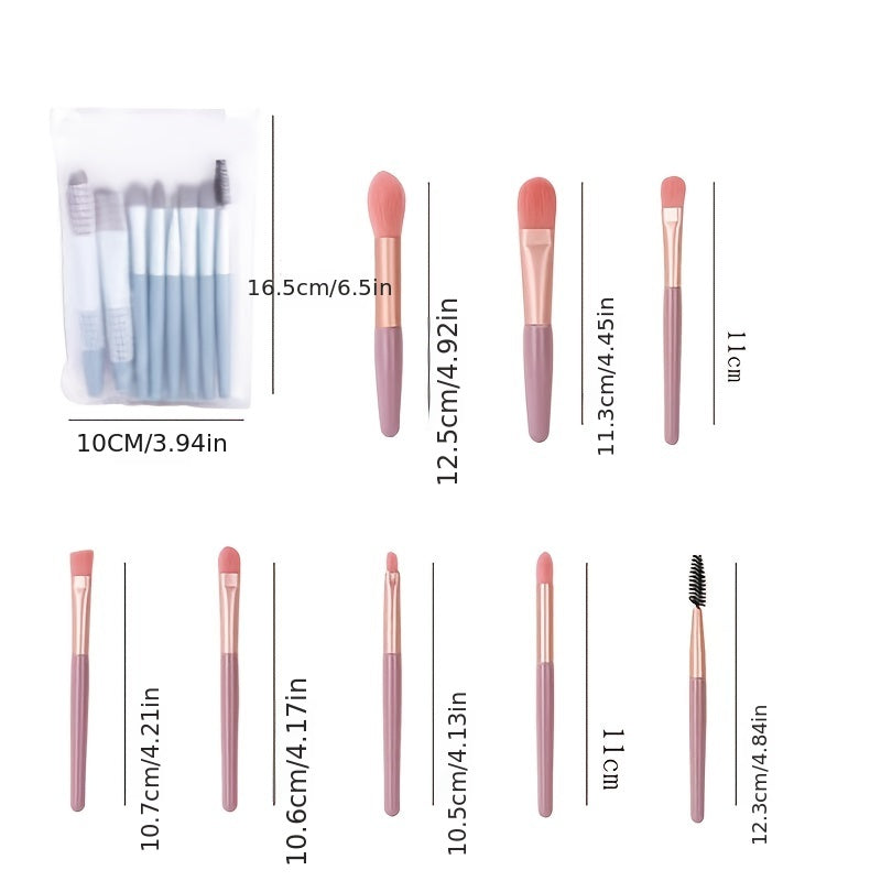 8-piece portable makeup brush set with soft nylon bristles, ideal for travel and makeup application.
