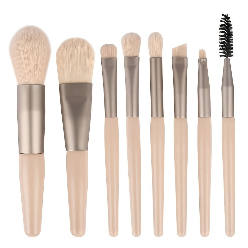 8-piece portable makeup brush set with soft nylon bristles, ideal for travel and makeup application.