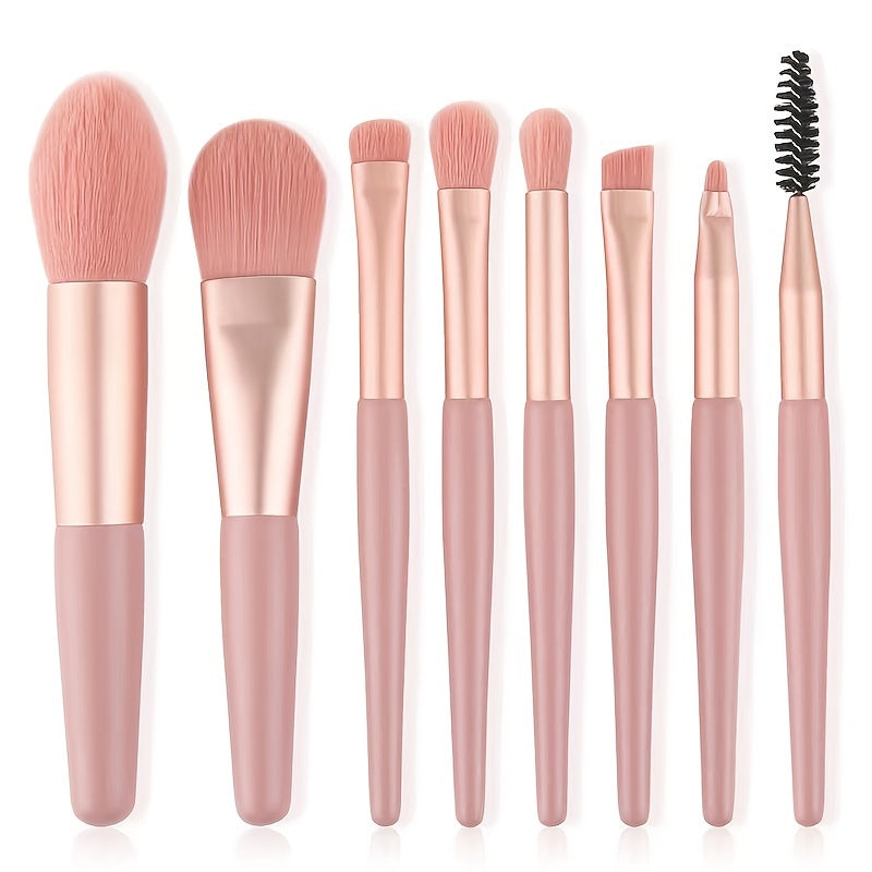 8-piece portable makeup brush set with soft nylon bristles, ideal for travel and makeup application.