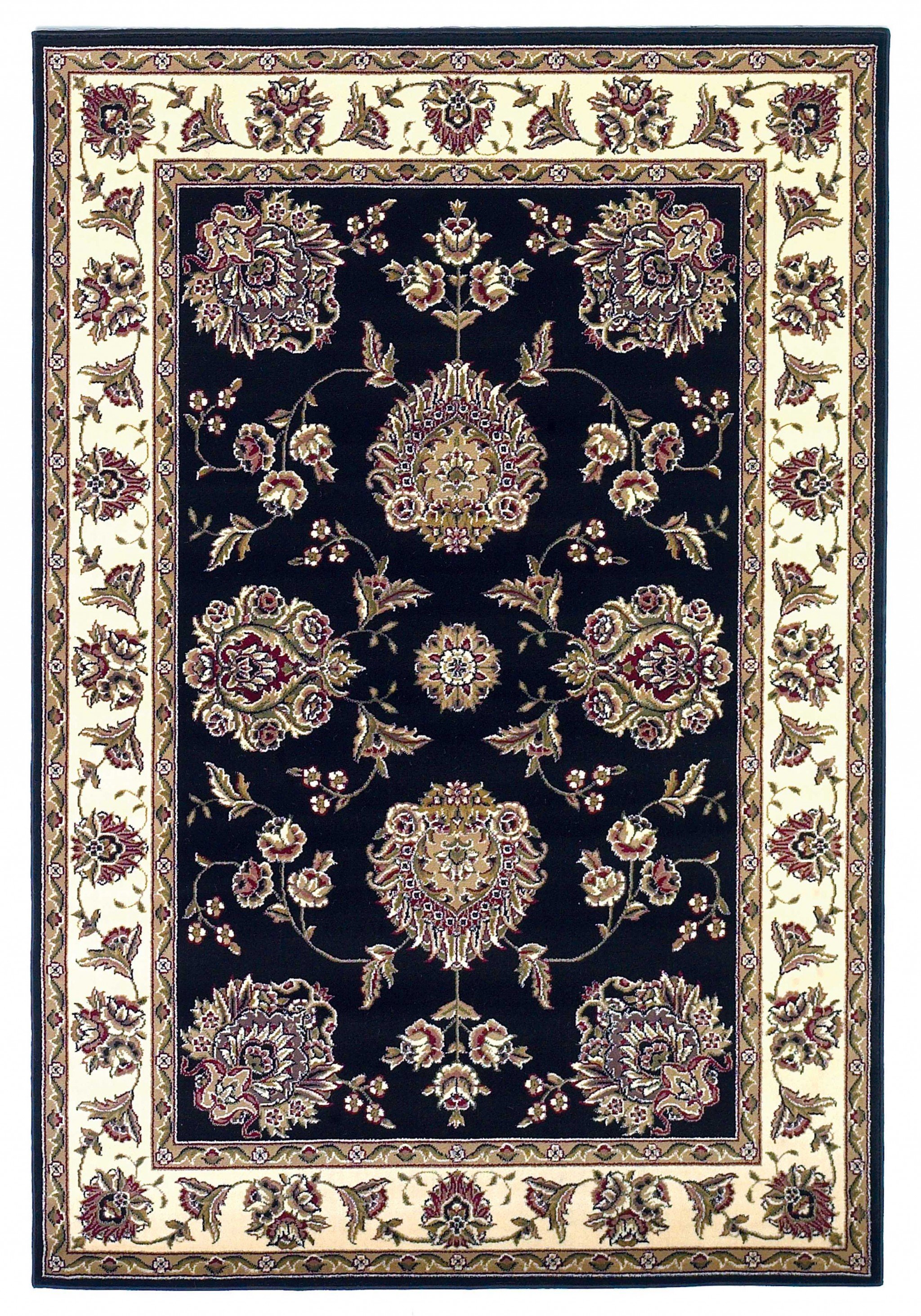 A beautiful 9' x 13' polypropylene area rug featuring a floral design in black and ivory, perfect for enhancing home decor.