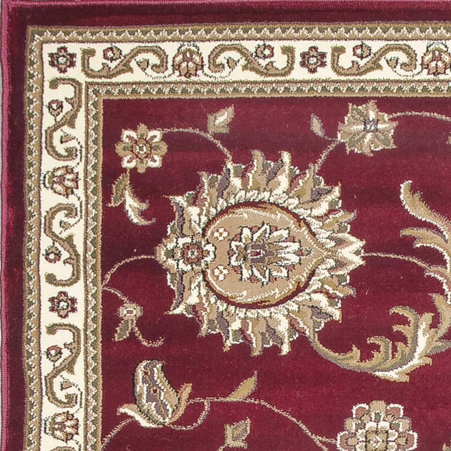 A vibrant 9' x 13' red polypropylene area rug featuring an intricate allover mahal design, perfect for enhancing home decor.