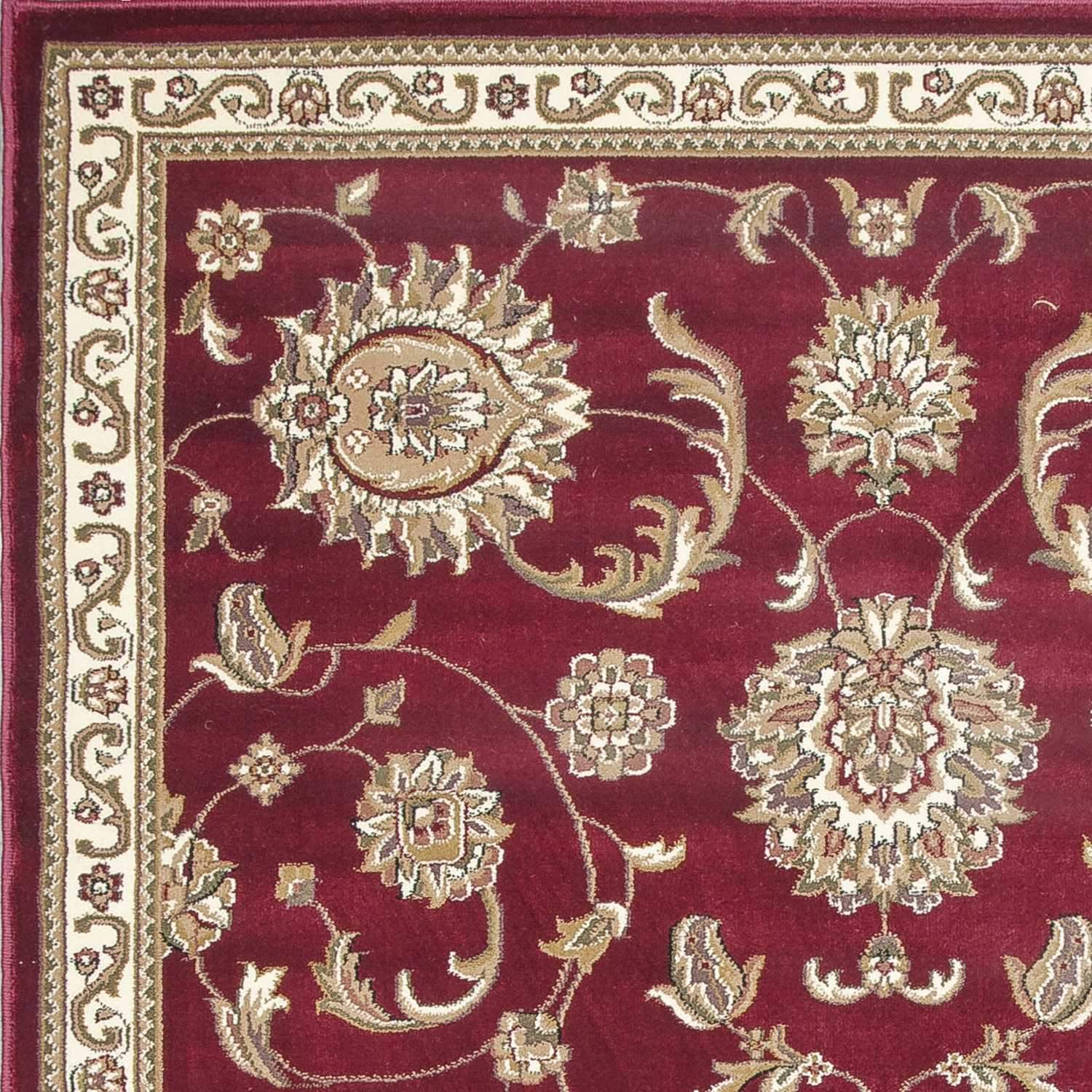 A vibrant 9' x 13' red polypropylene area rug featuring an intricate allover mahal design, perfect for enhancing home decor.