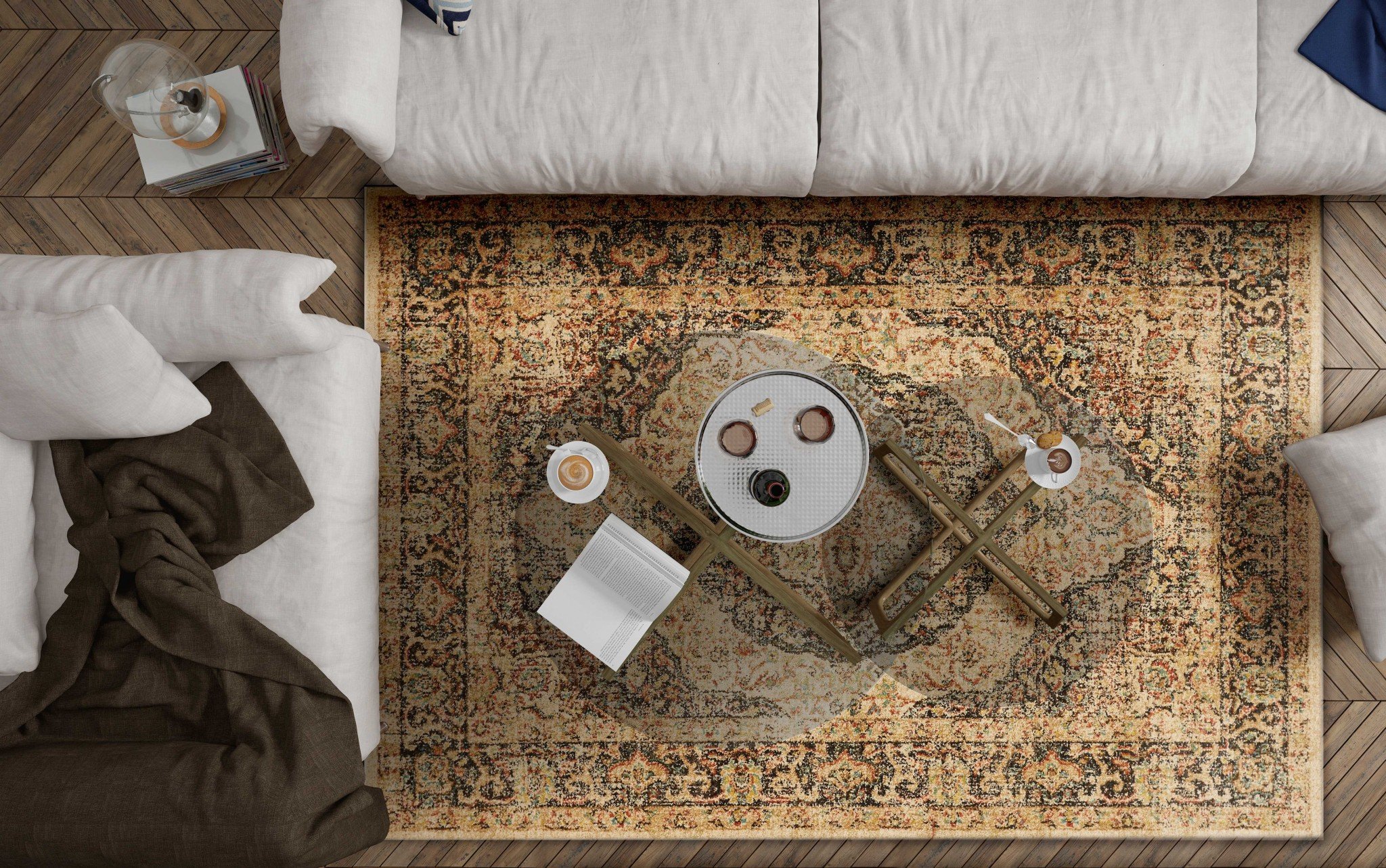 A large 94" x 134" mocha polypropylene rug featuring a vintage traditional design with distressed touches, perfect for enhancing home decor.