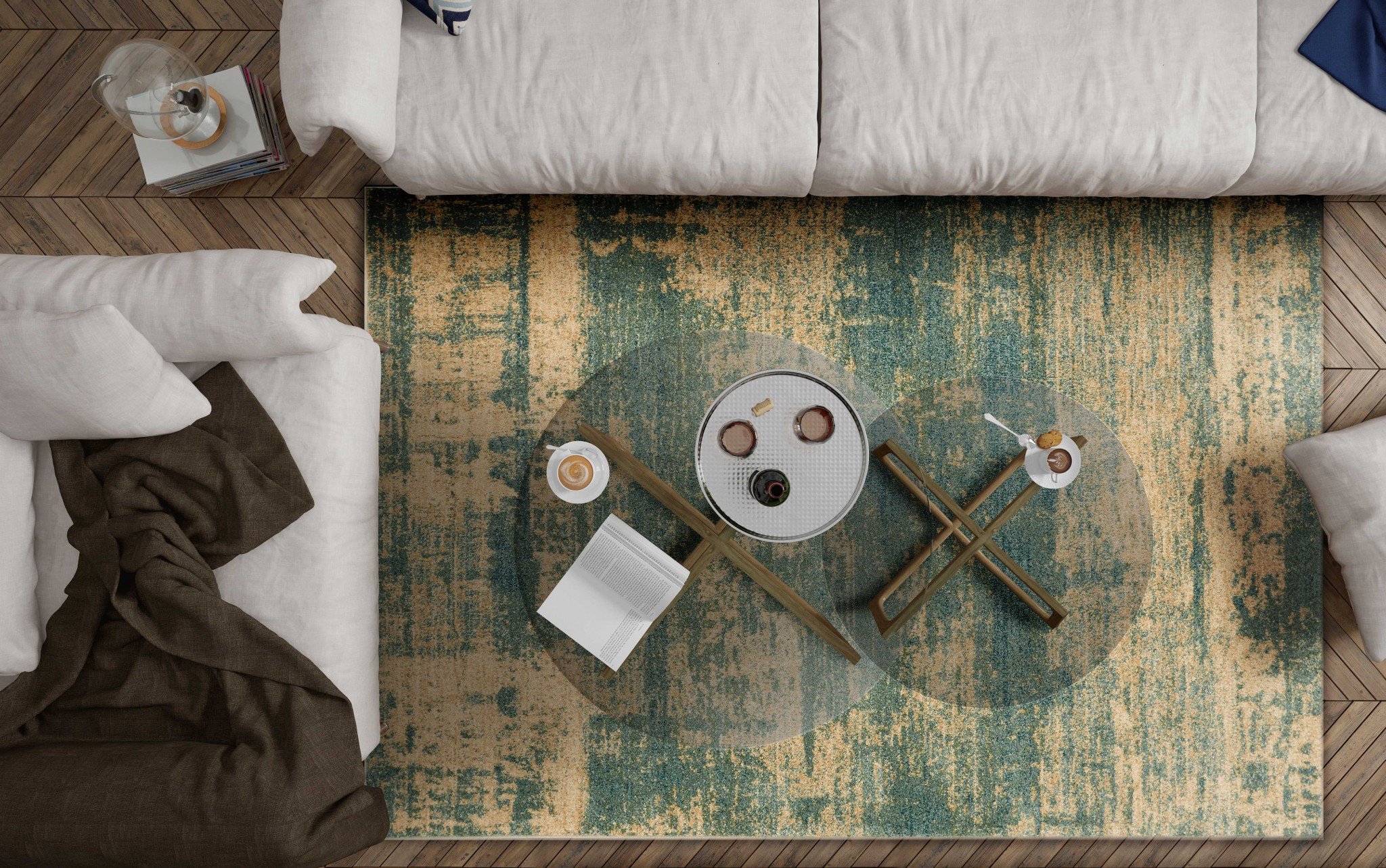 A large 94" x 134" seafoam polypropylene rug featuring a vintage traditional design with distressed touches, perfect for home decor.