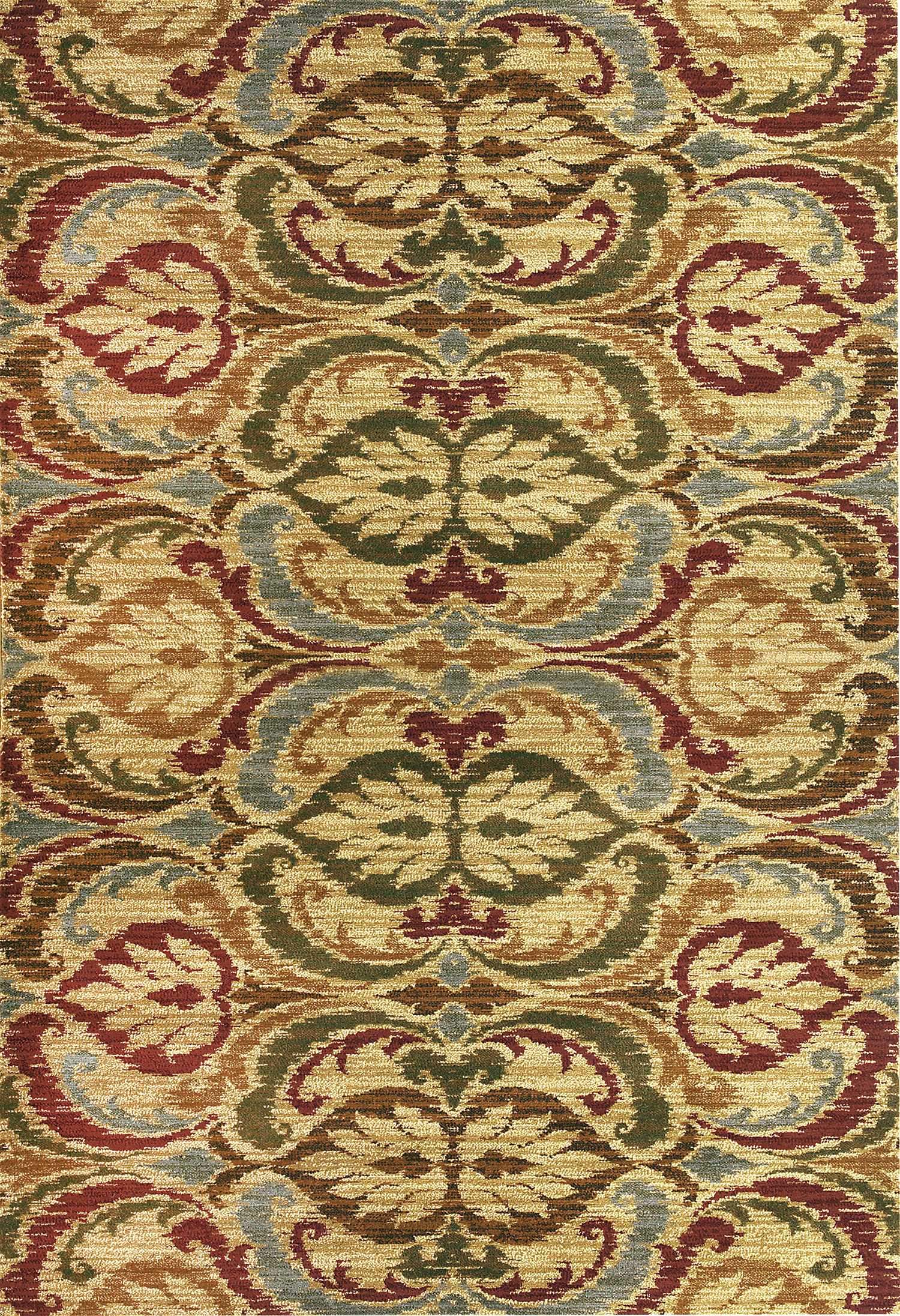 A luxurious 94" x 118" gold polypropylene rug featuring intricate patterns, perfect for enhancing home decor.