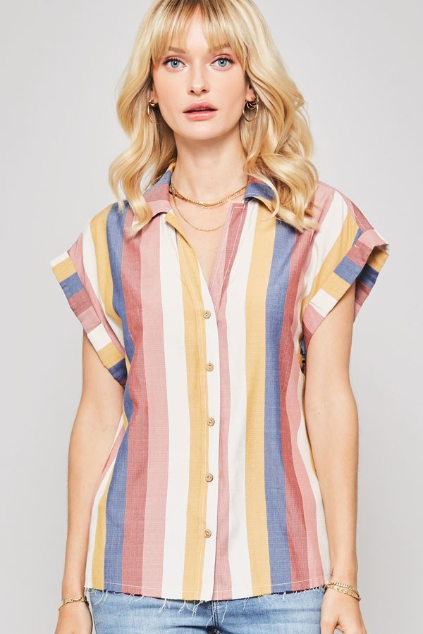 A vibrant multicolor striped woven shirt featuring a collared neckline, button-front closure with wood buttons, and short cuffed kimono sleeves.