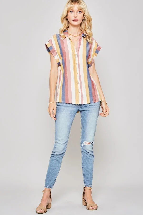 A vibrant multicolor striped woven shirt featuring a collared neckline, button-front closure with wood buttons, and short cuffed kimono sleeves.