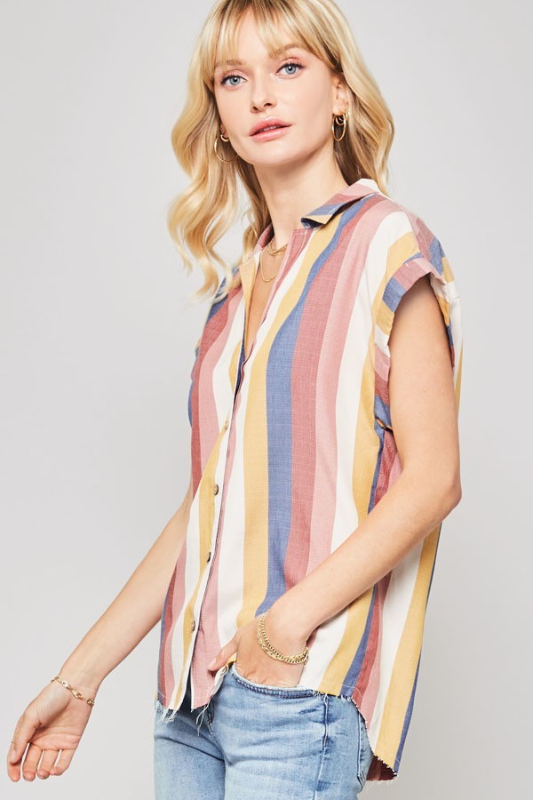 A vibrant multicolor striped woven shirt featuring a collared neckline, button-front closure with wood buttons, and short cuffed kimono sleeves.