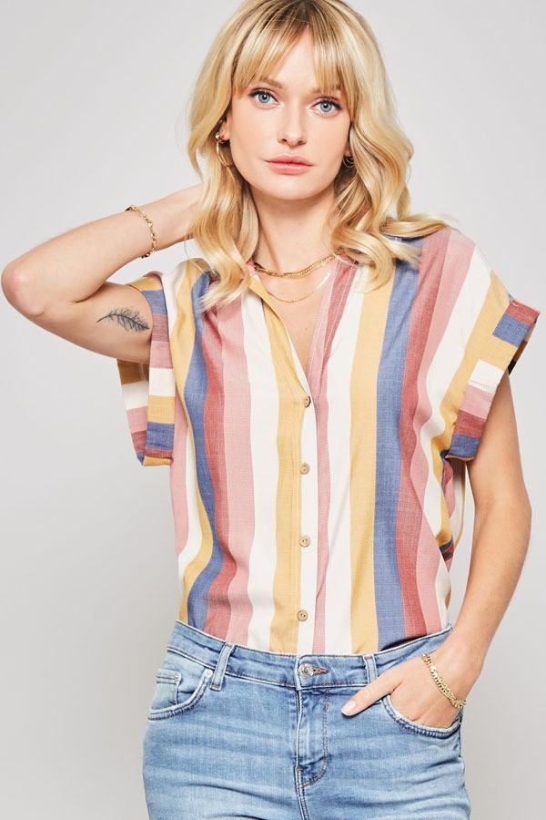 A vibrant multicolor striped woven shirt featuring a collared neckline, button-front closure with wood buttons, and short cuffed kimono sleeves.