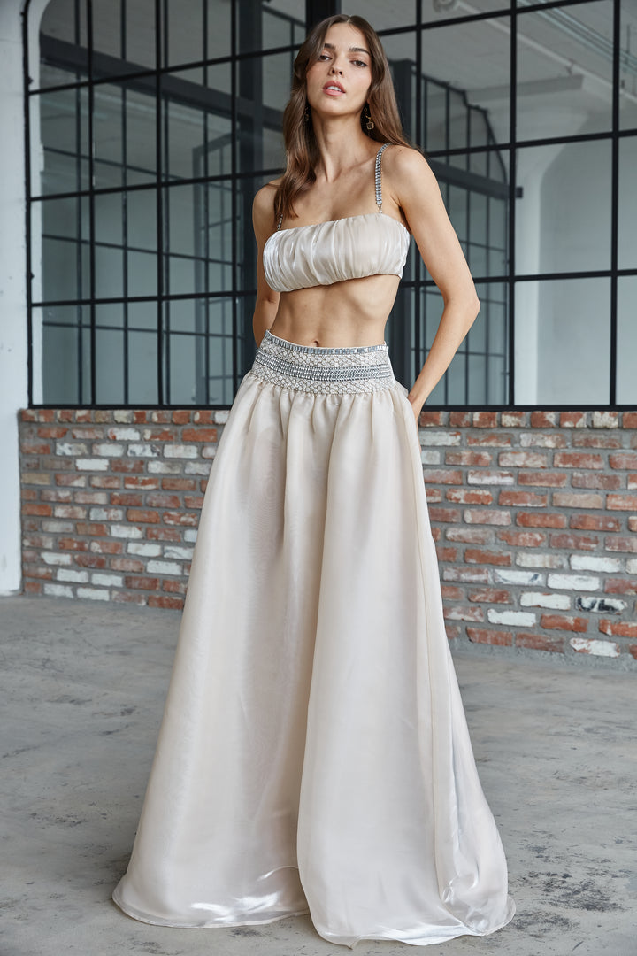 Aceline Top and Skirt Set featuring iridescent organza fabric, rhinestone details, and a stylish high waist design.