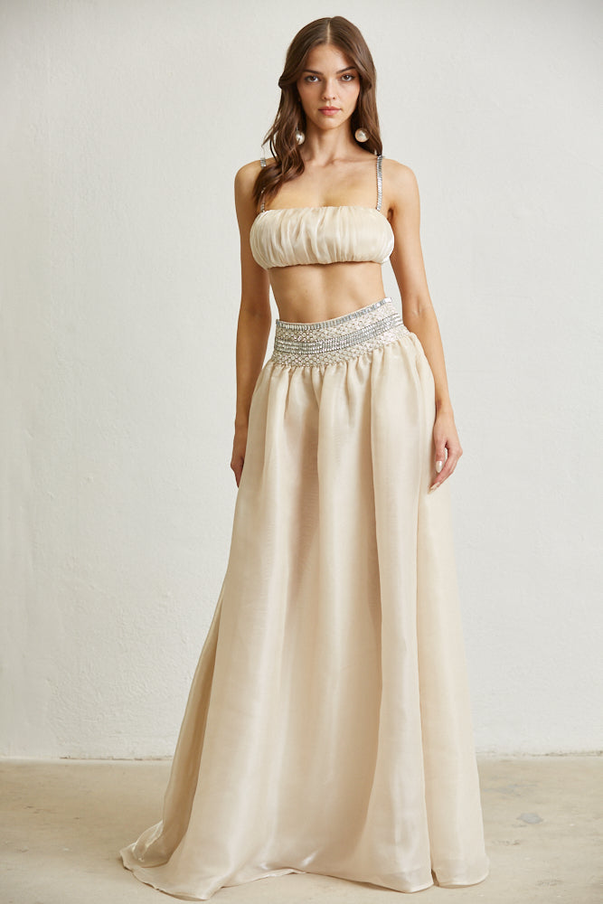 Aceline Top and Skirt Set featuring iridescent organza fabric, rhinestone details, and a stylish high waist design.
